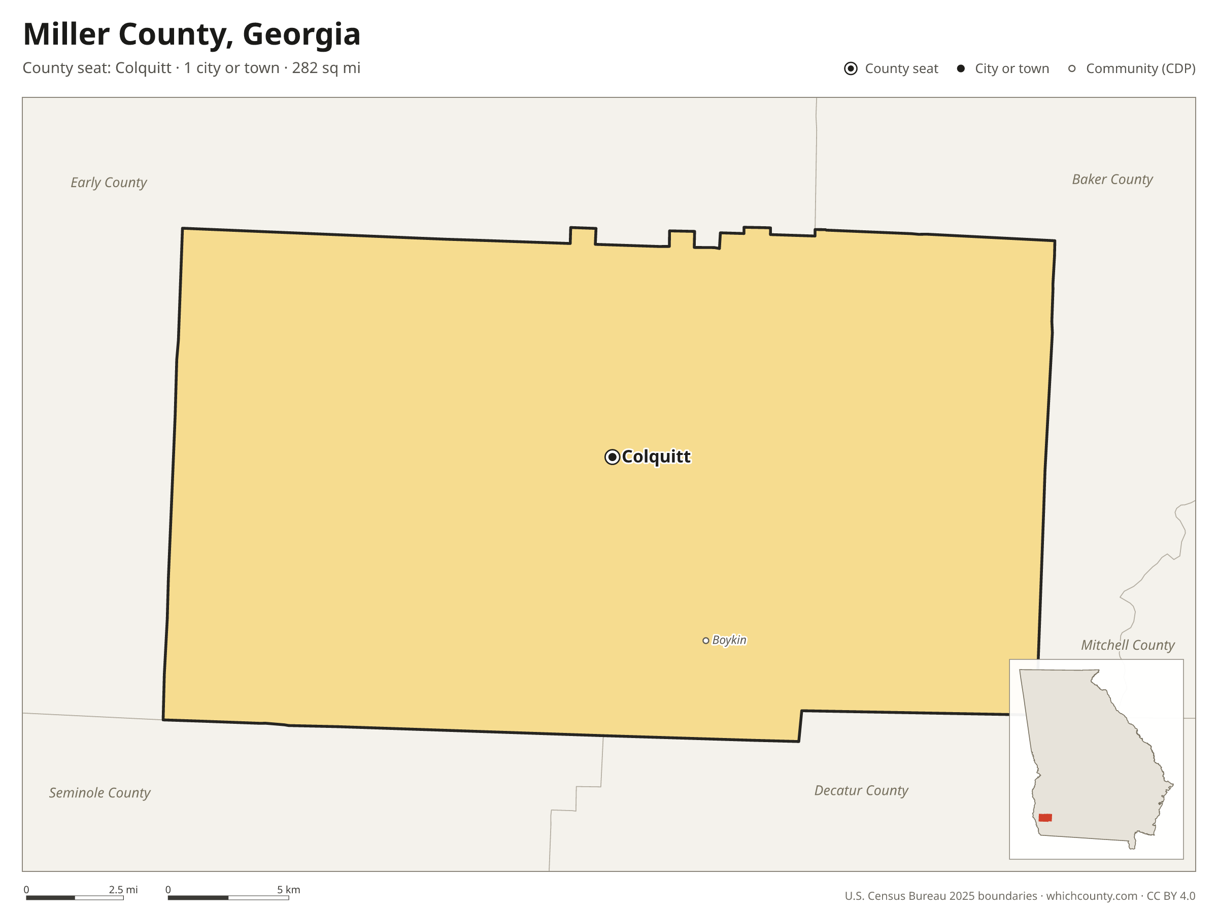 Map of Miller County, Georgia with cities, towns and the county boundary