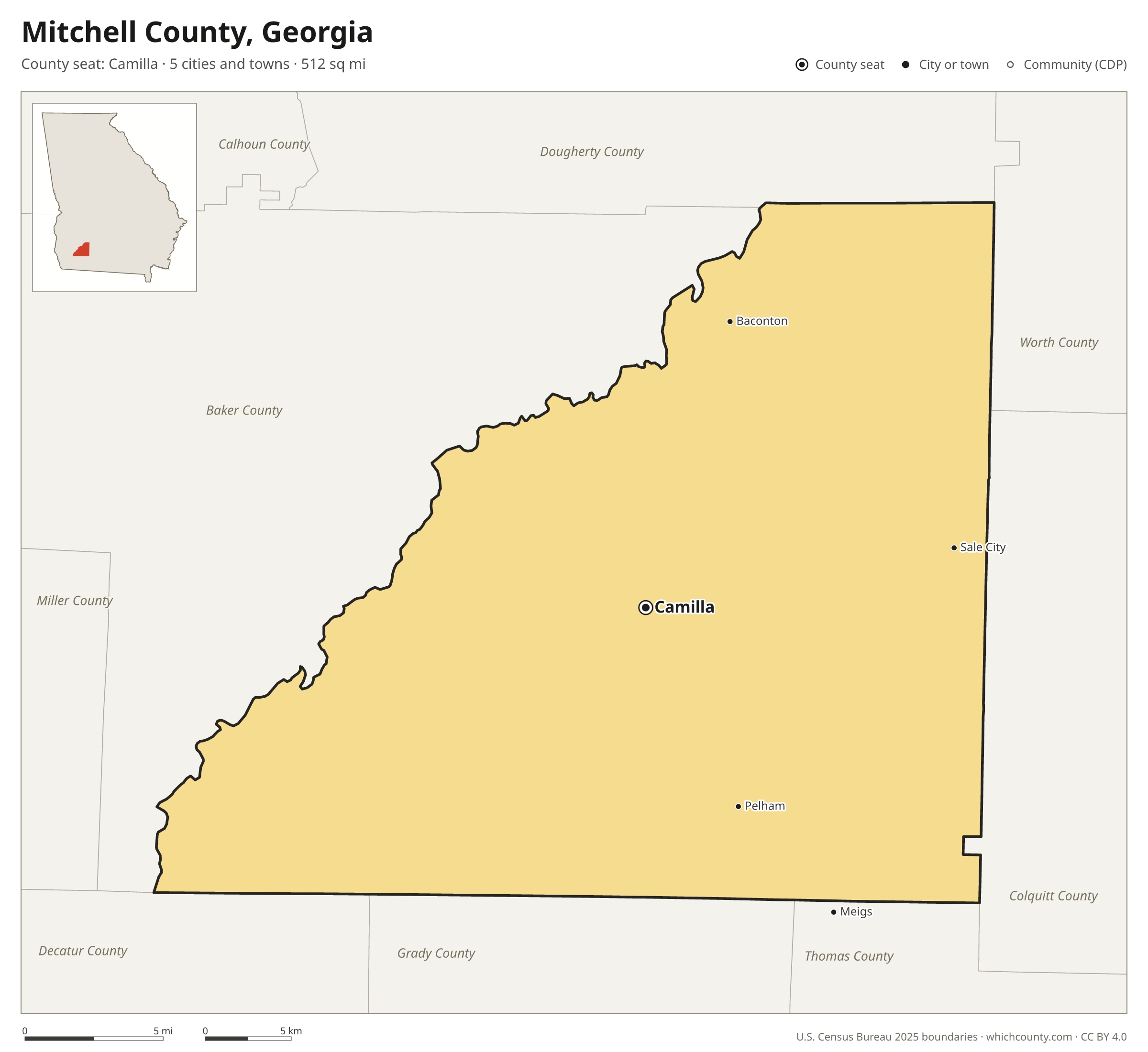 Map of Mitchell County, Georgia with cities, towns and the county boundary
