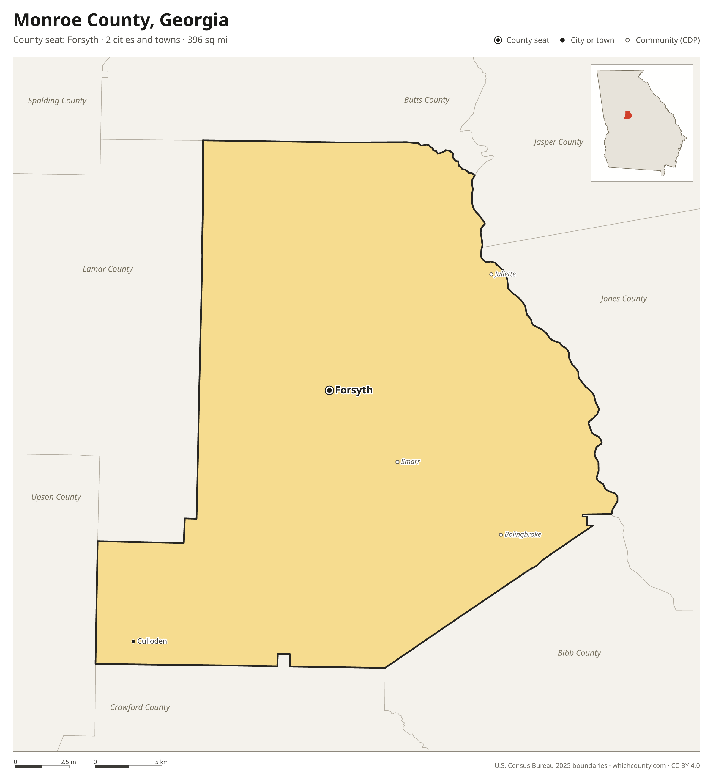 Map of Monroe County, Georgia with cities, towns and the county boundary