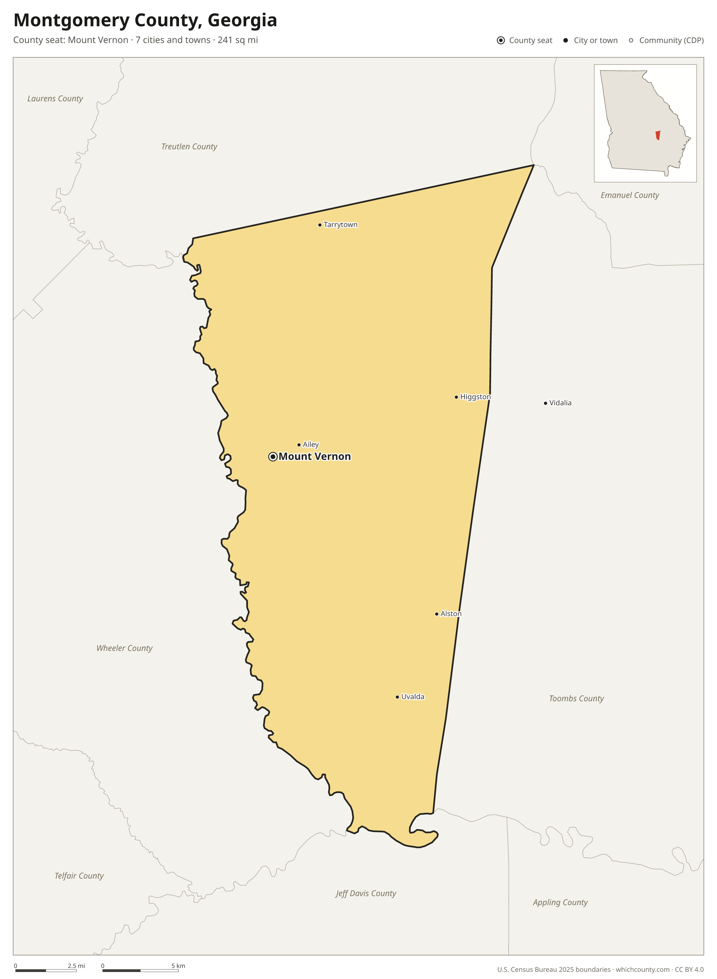 Map of Montgomery County, Georgia with cities, towns and the county boundary
