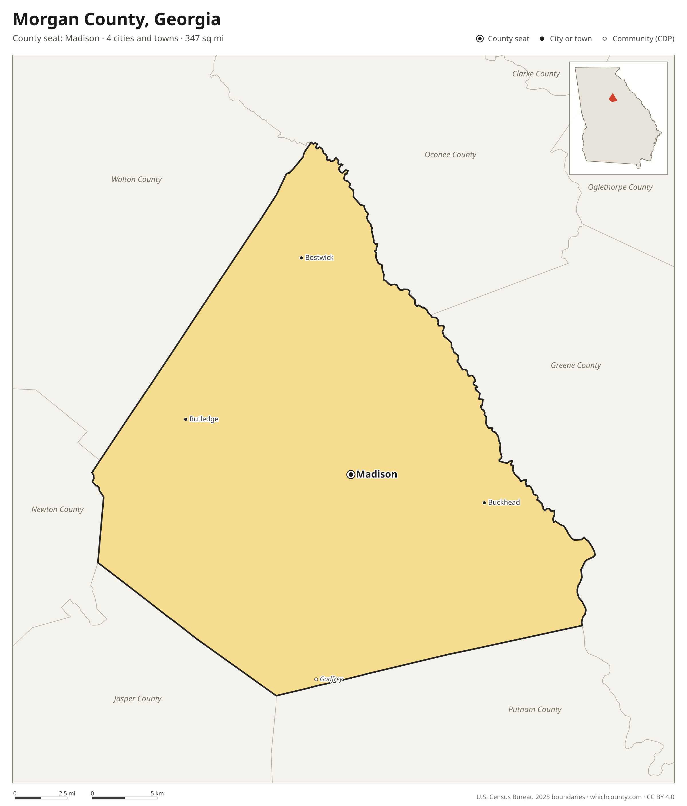 Map of Morgan County, Georgia with cities, towns and the county boundary