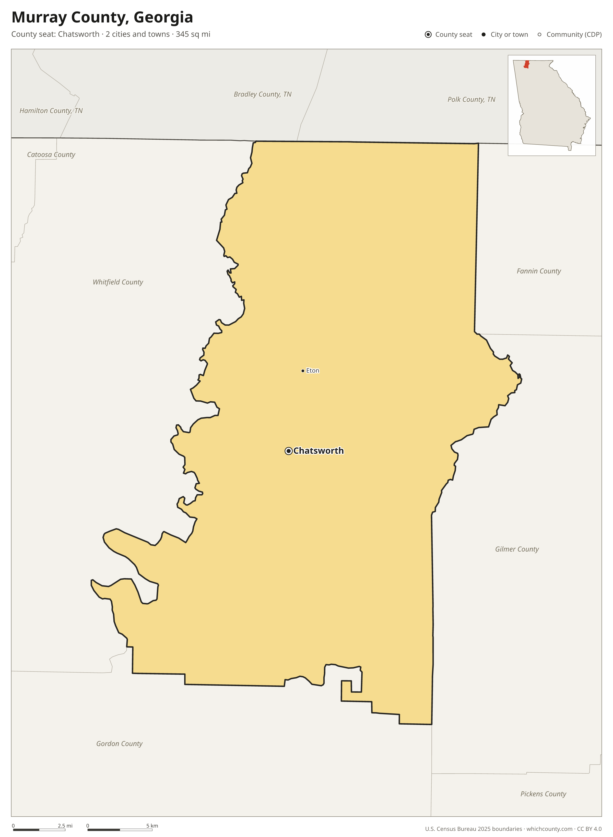 Map of Murray County, Georgia with cities, towns and the county boundary