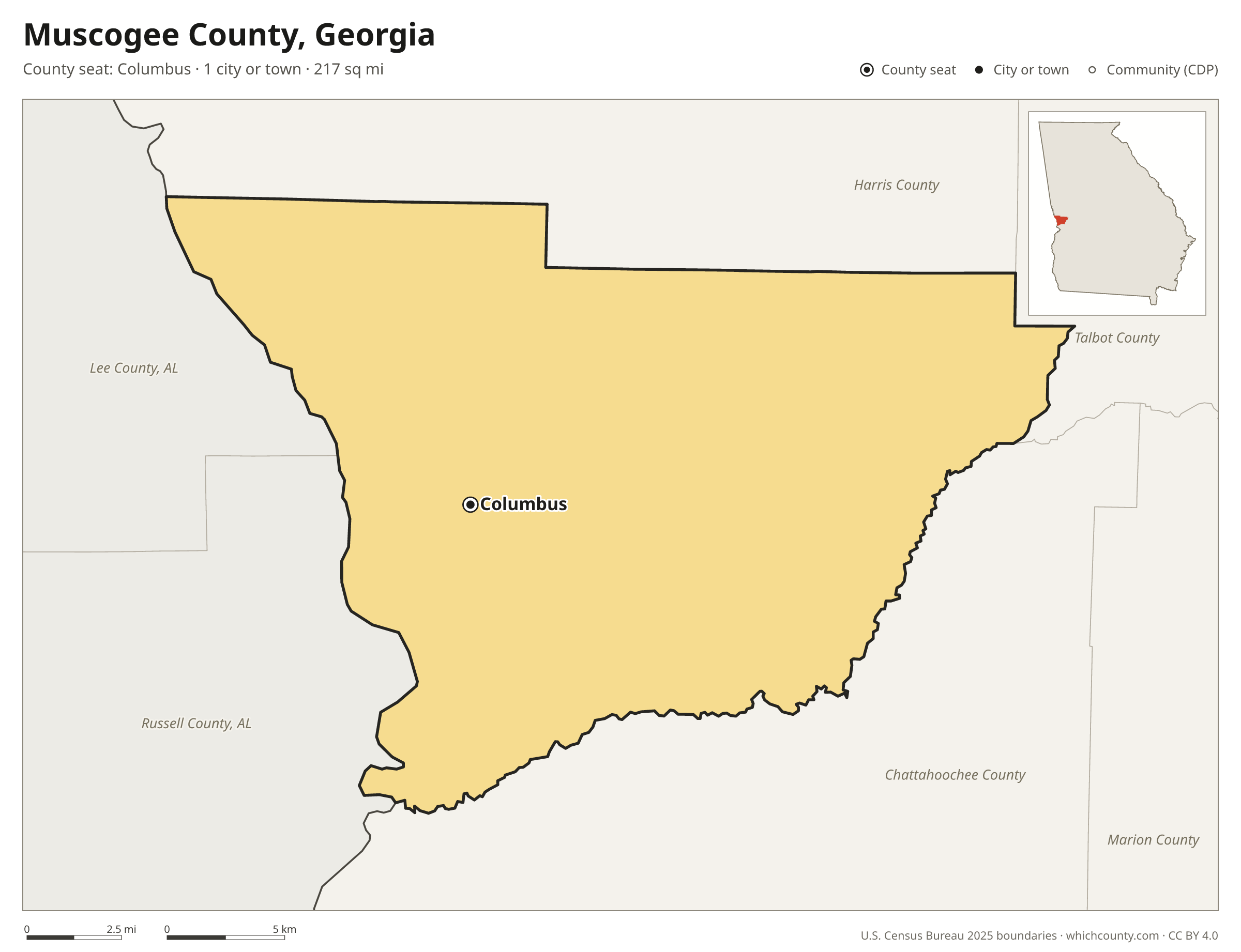 Map of Muscogee County, Georgia with cities, towns and the county boundary