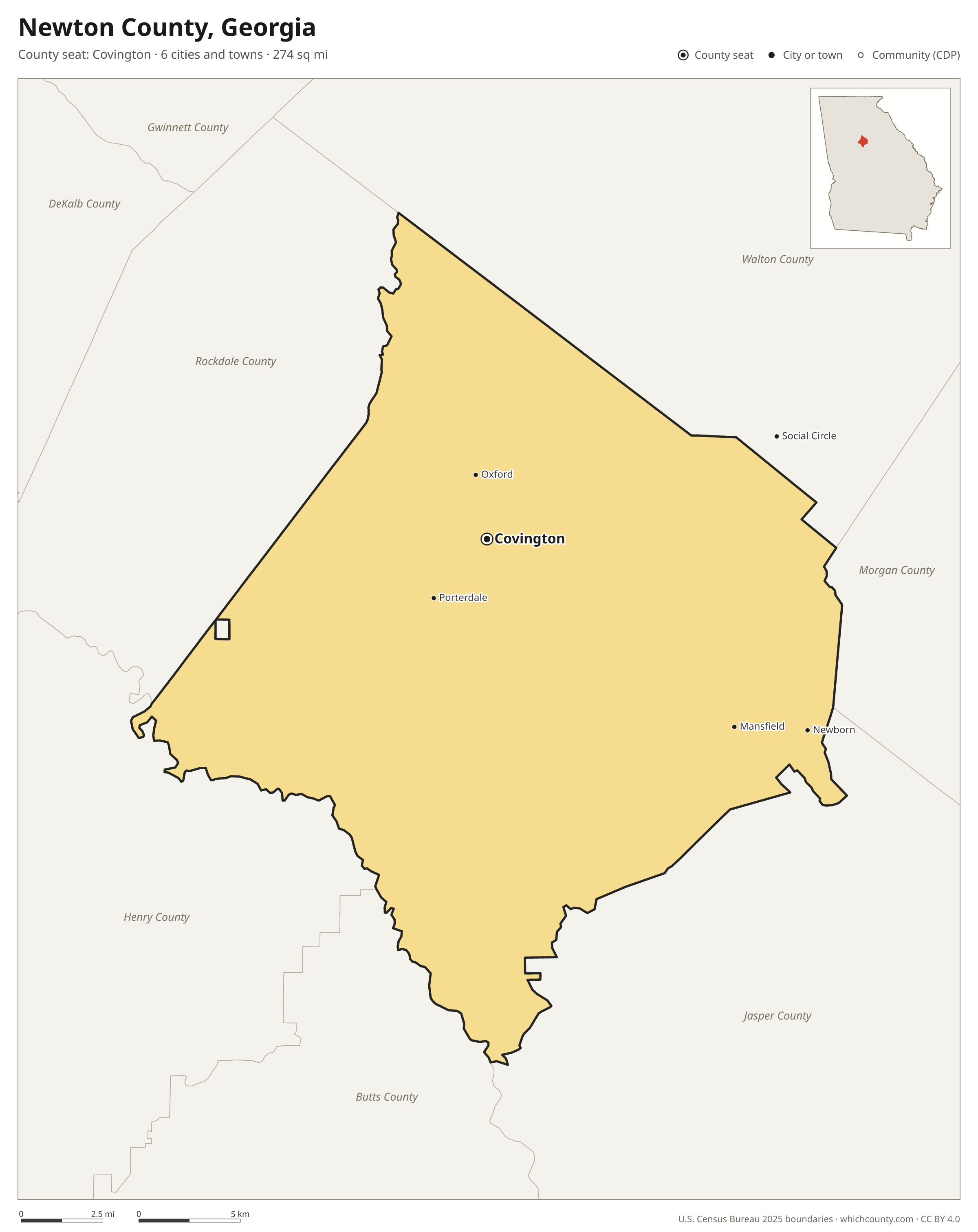 Map of Newton County, Georgia with cities, towns and the county boundary