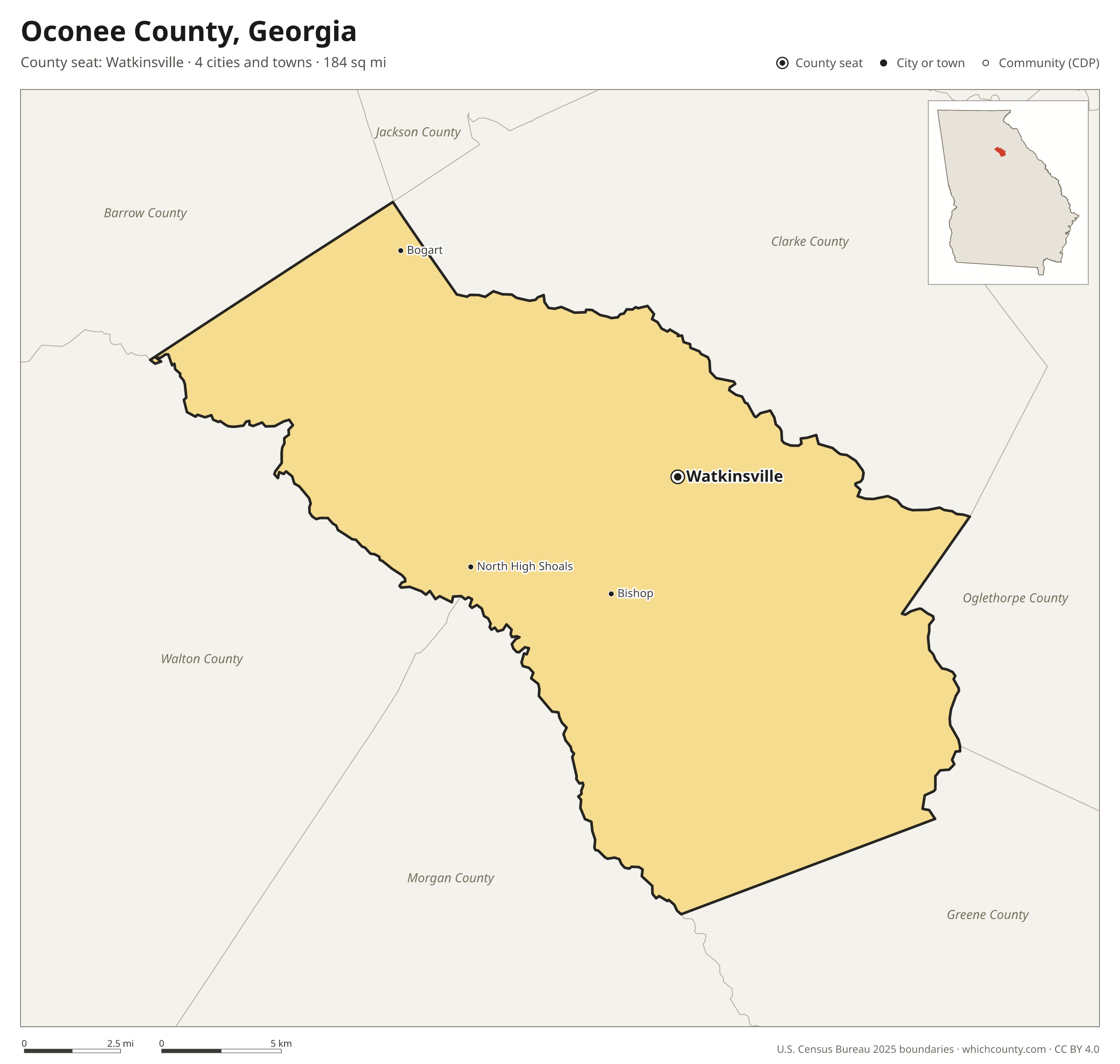 Map of Oconee County, Georgia with cities, towns and the county boundary