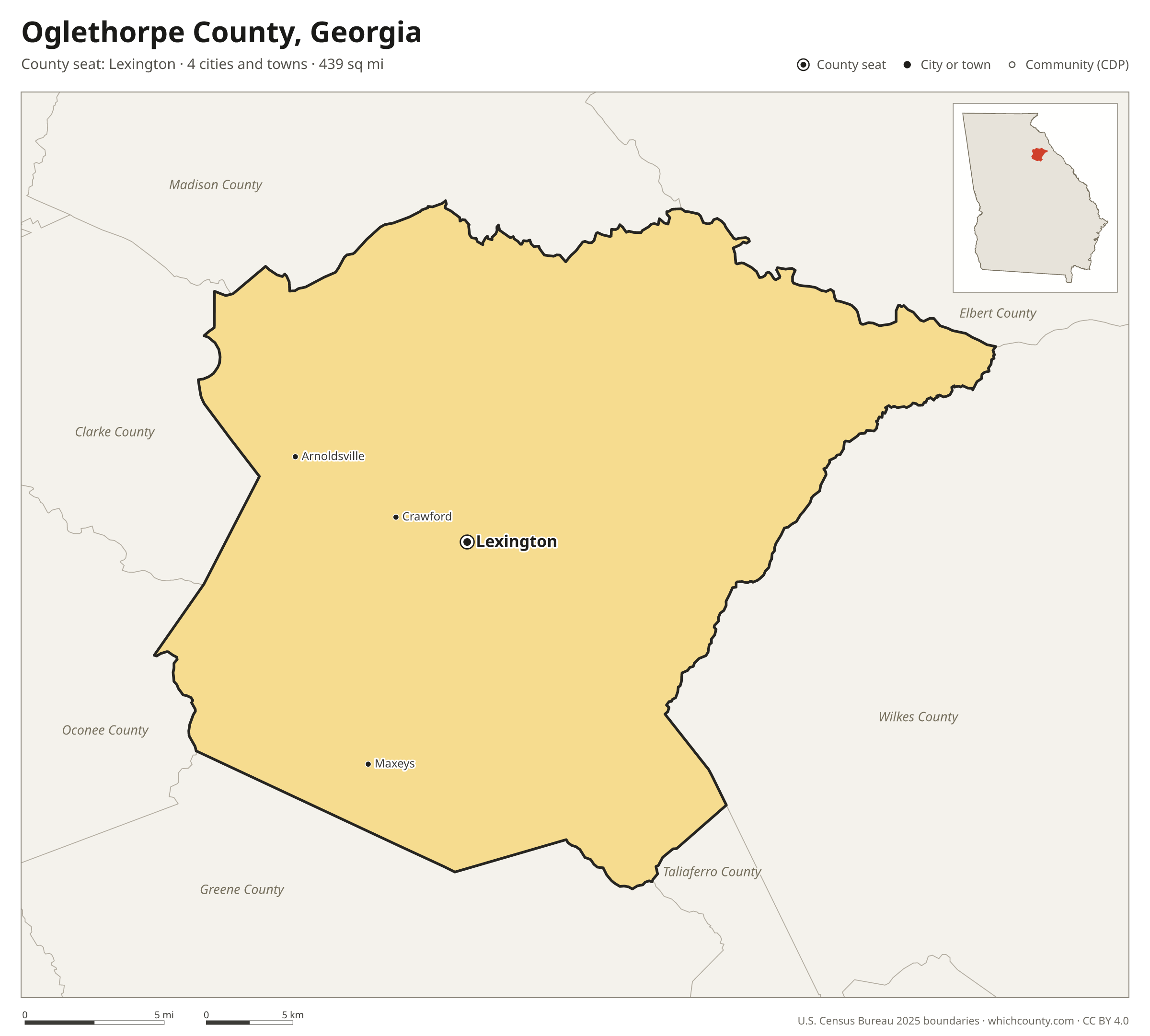 Map of Oglethorpe County, Georgia with cities, towns and the county boundary