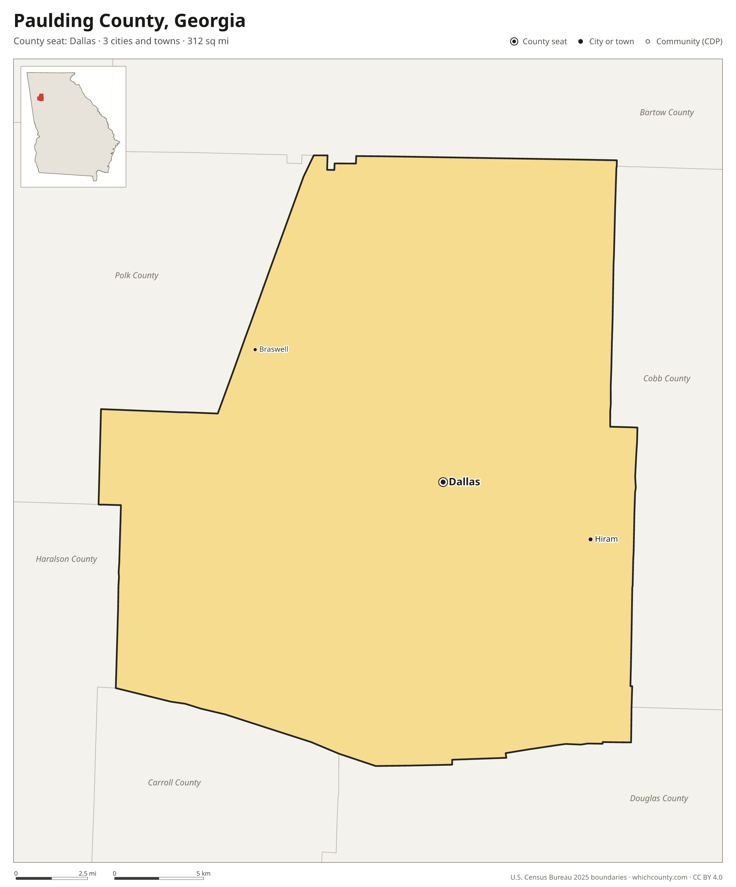 Map of Paulding County, Georgia with cities, towns and the county boundary