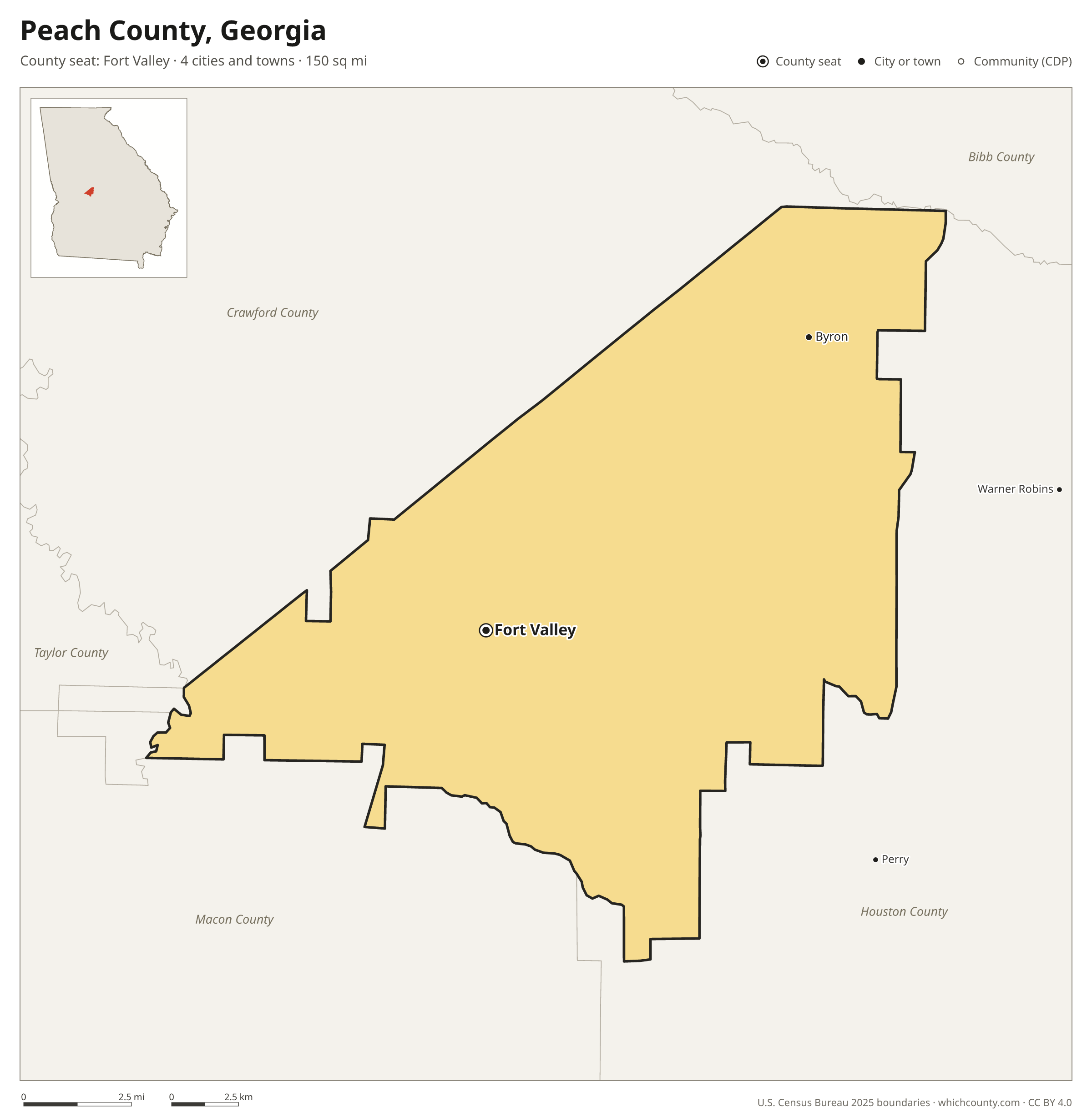 Map of Peach County, Georgia with cities, towns and the county boundary