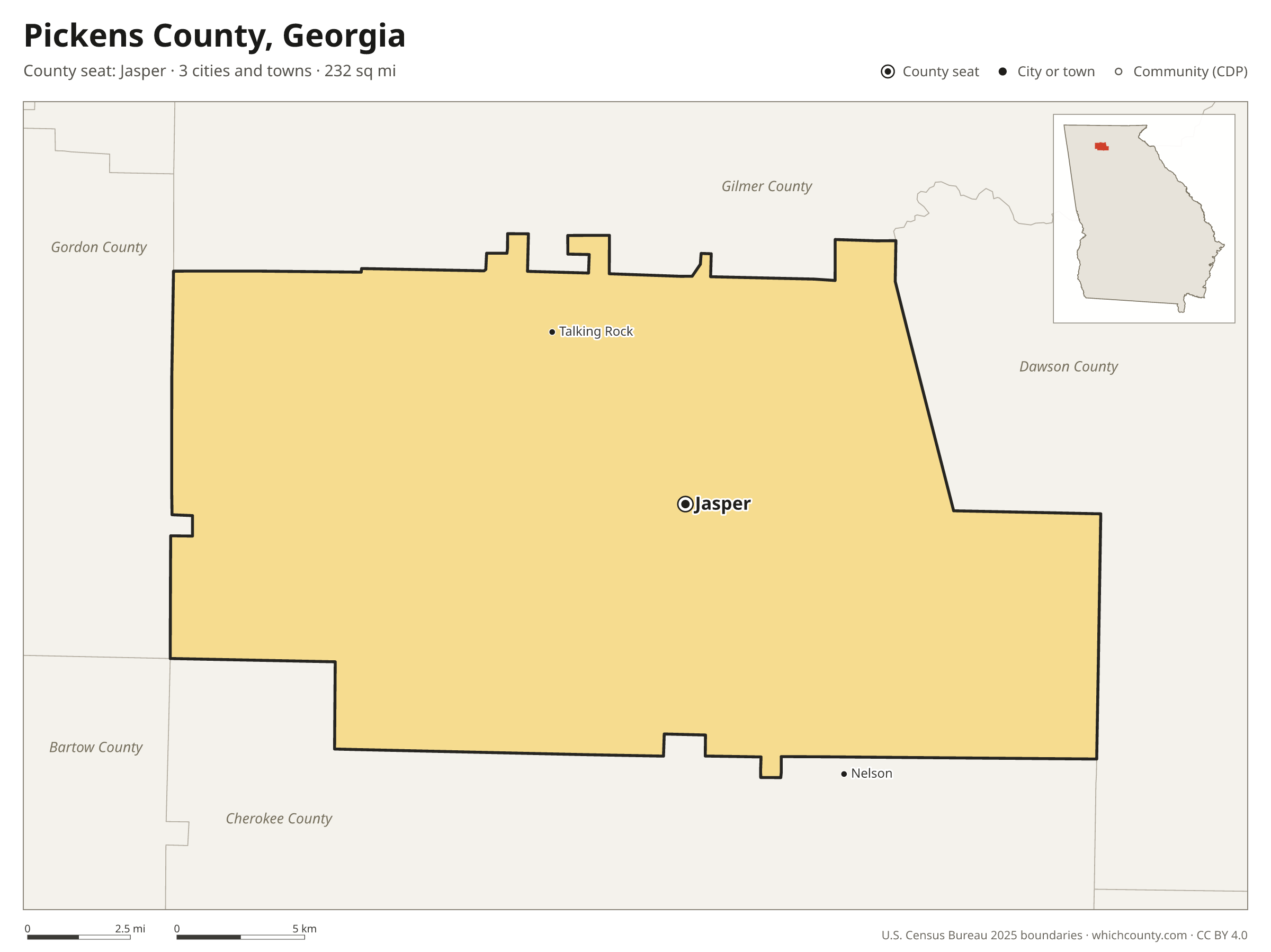 Map of Pickens County, Georgia with cities, towns and the county boundary
