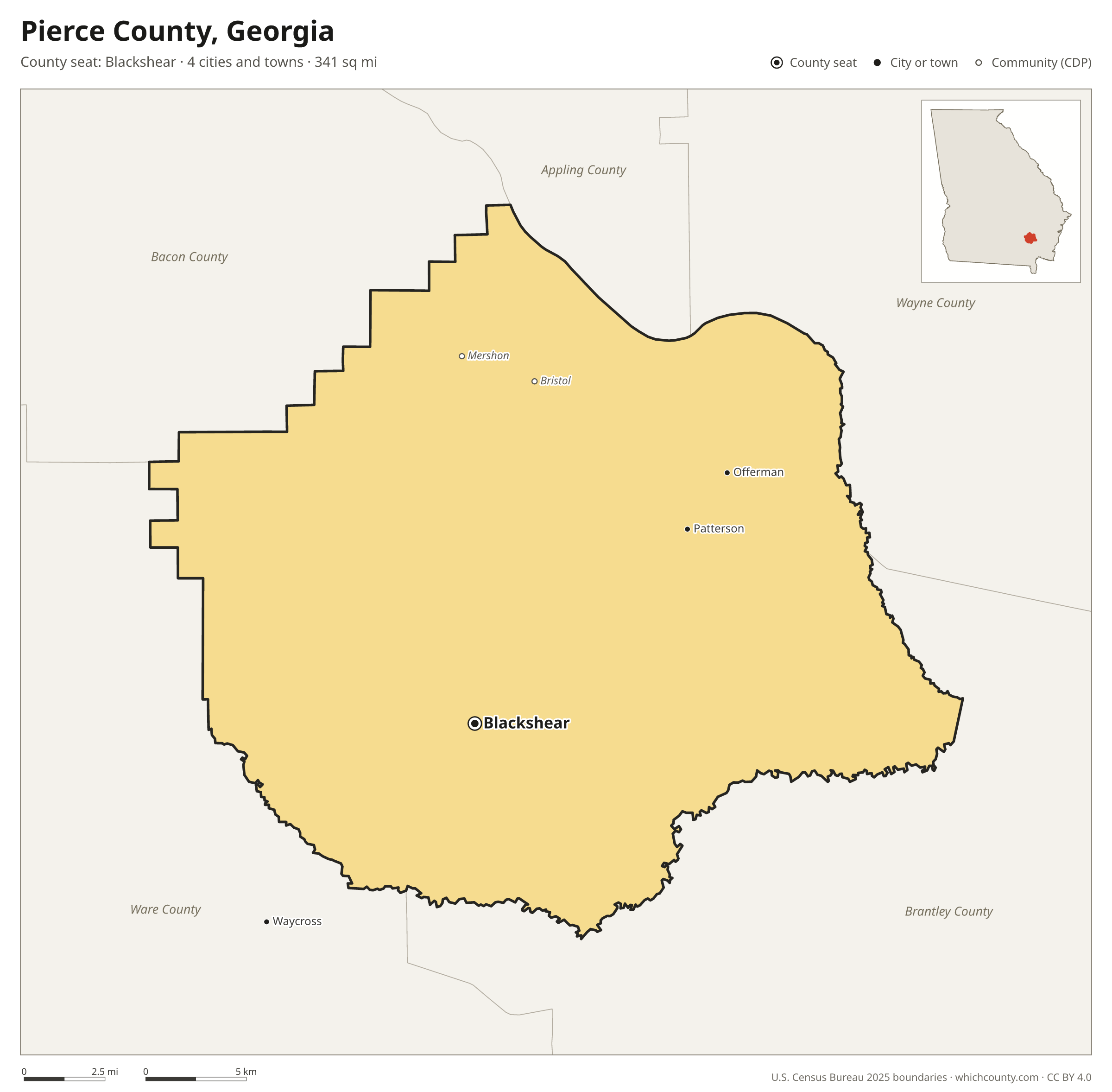 Map of Pierce County, Georgia with cities, towns and the county boundary