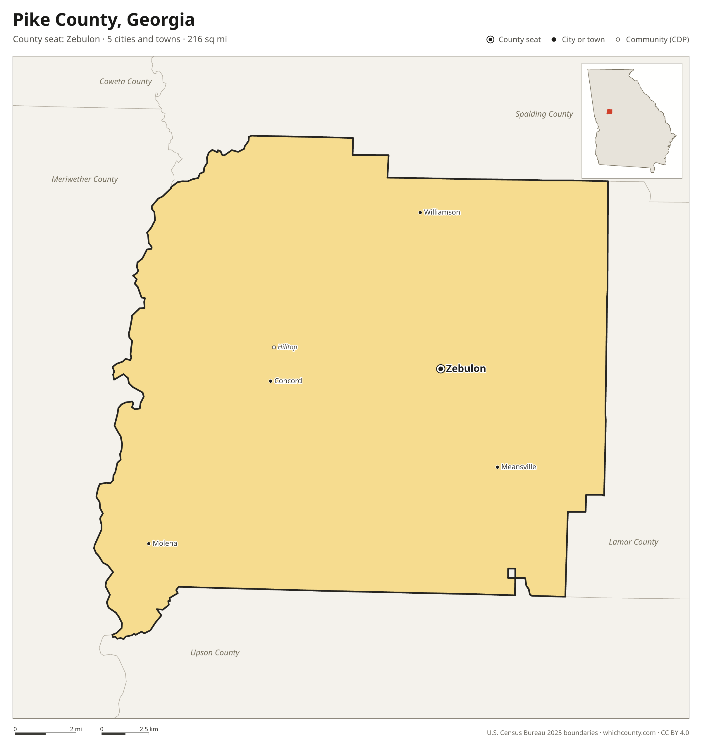 Map of Pike County, Georgia with cities, towns and the county boundary