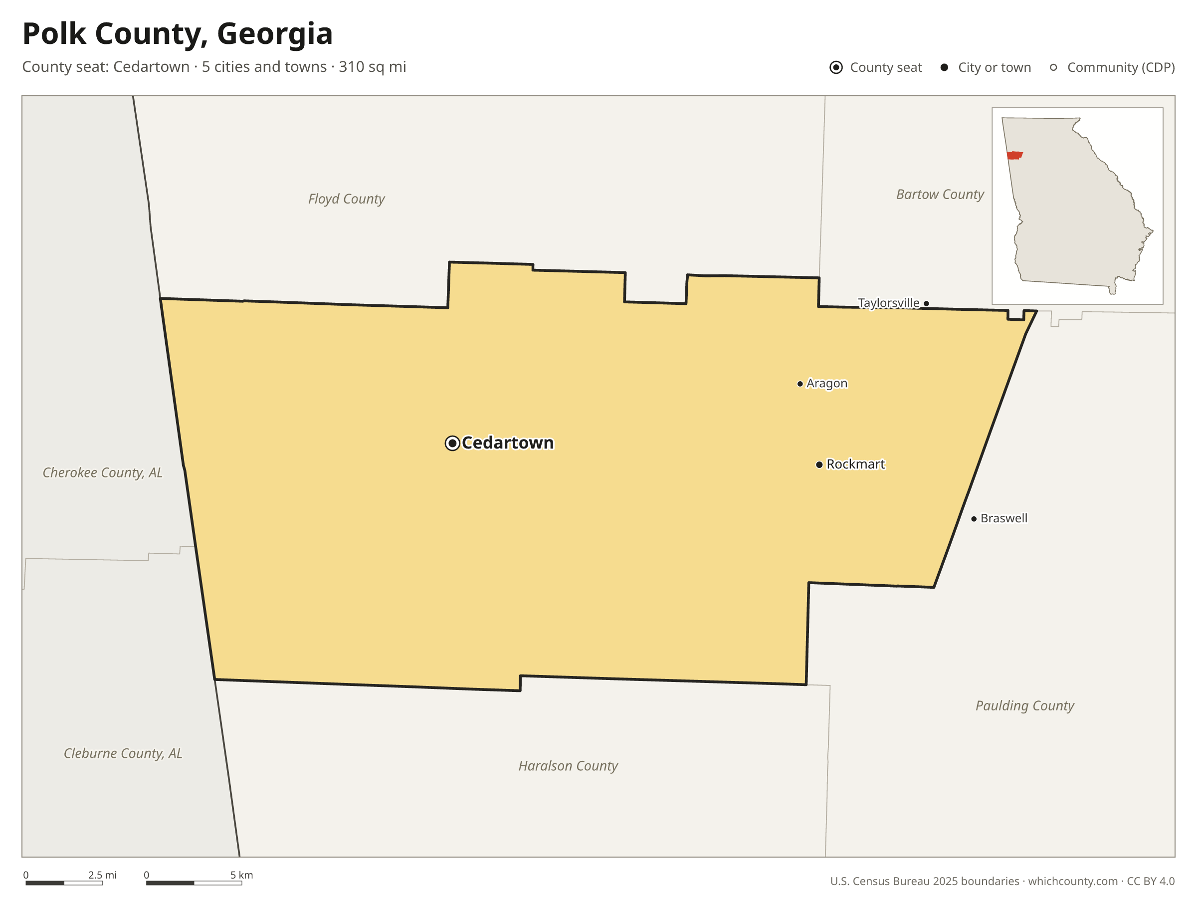 Map of Polk County, Georgia with cities, towns and the county boundary