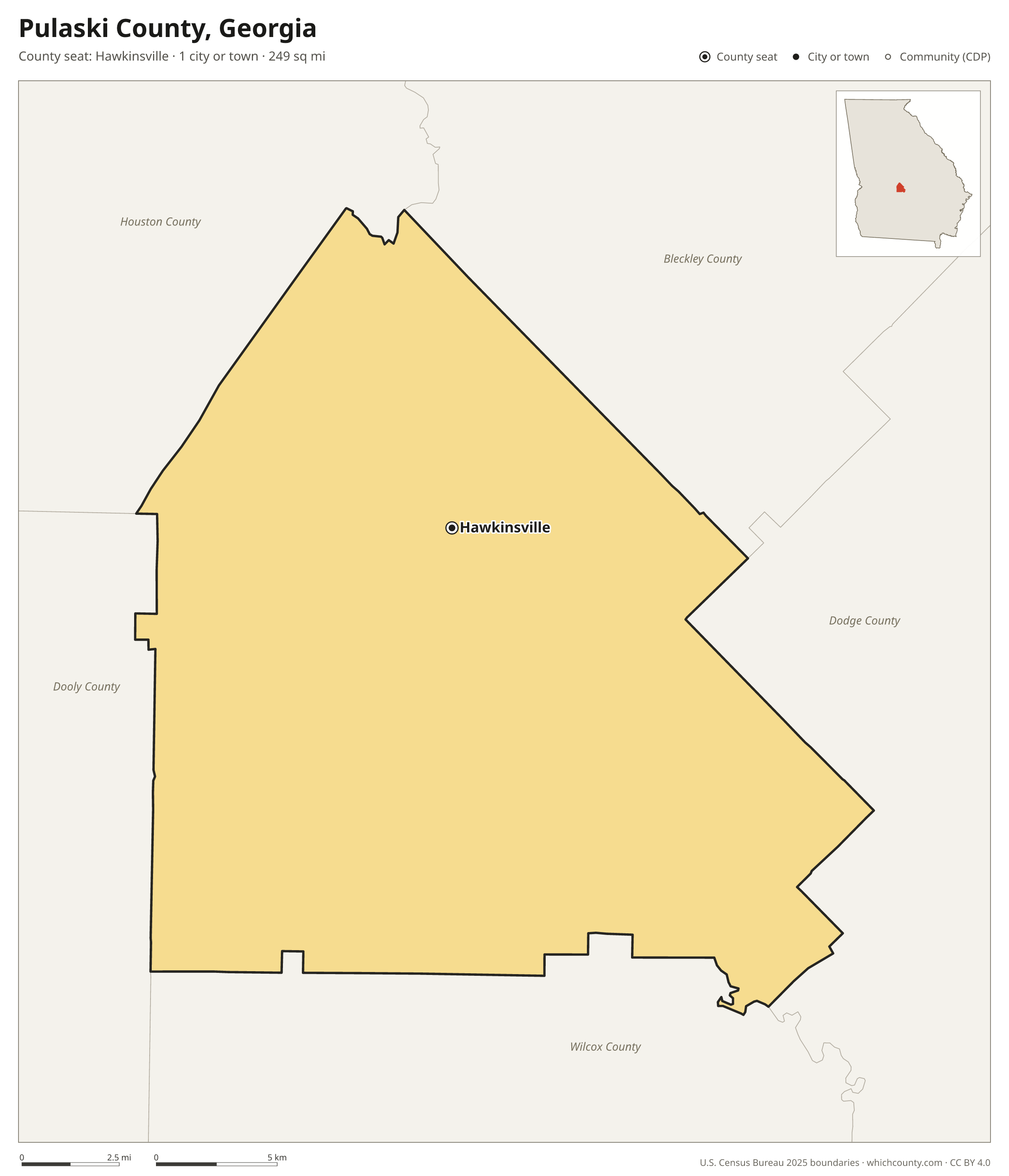 Map of Pulaski County, Georgia with cities, towns and the county boundary