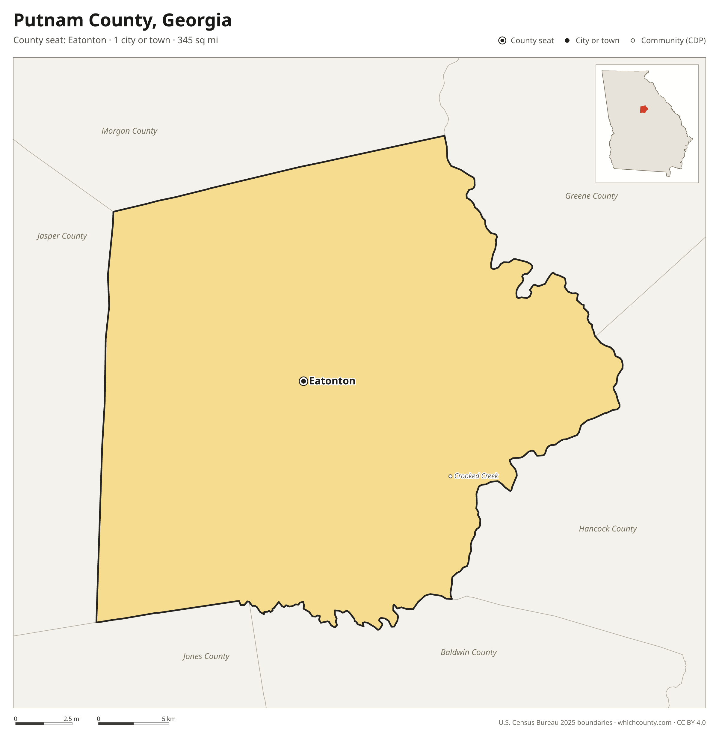 Map of Putnam County, Georgia with cities, towns and the county boundary