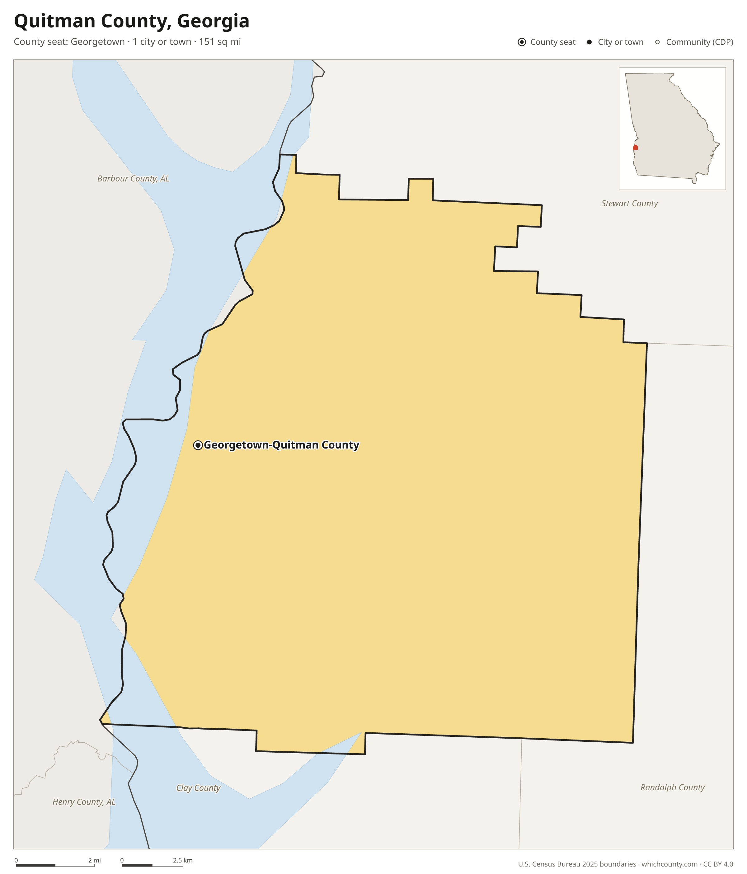 Map of Quitman County, Georgia with cities, towns and the county boundary