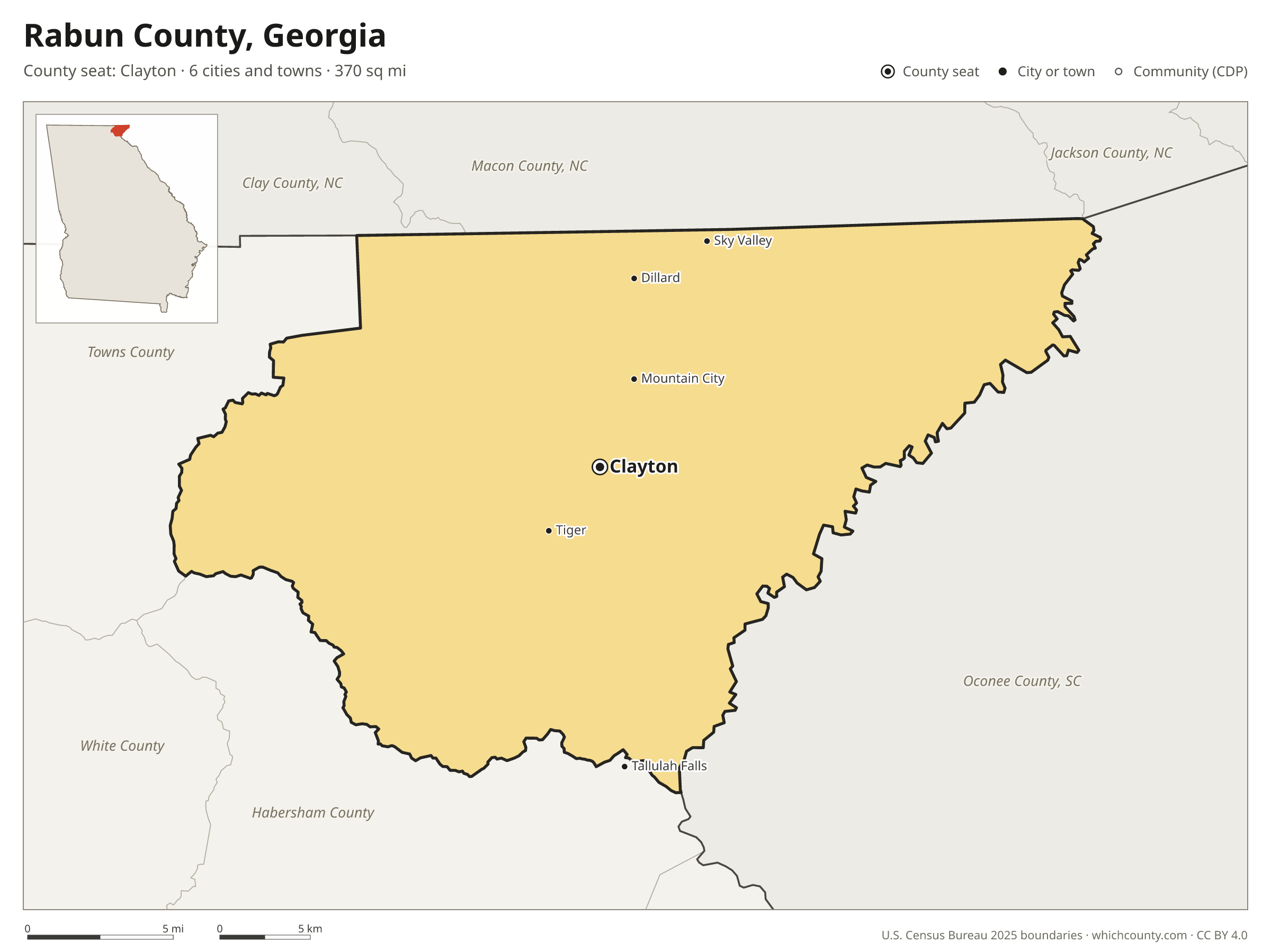 Map of Rabun County, Georgia with cities, towns and the county boundary