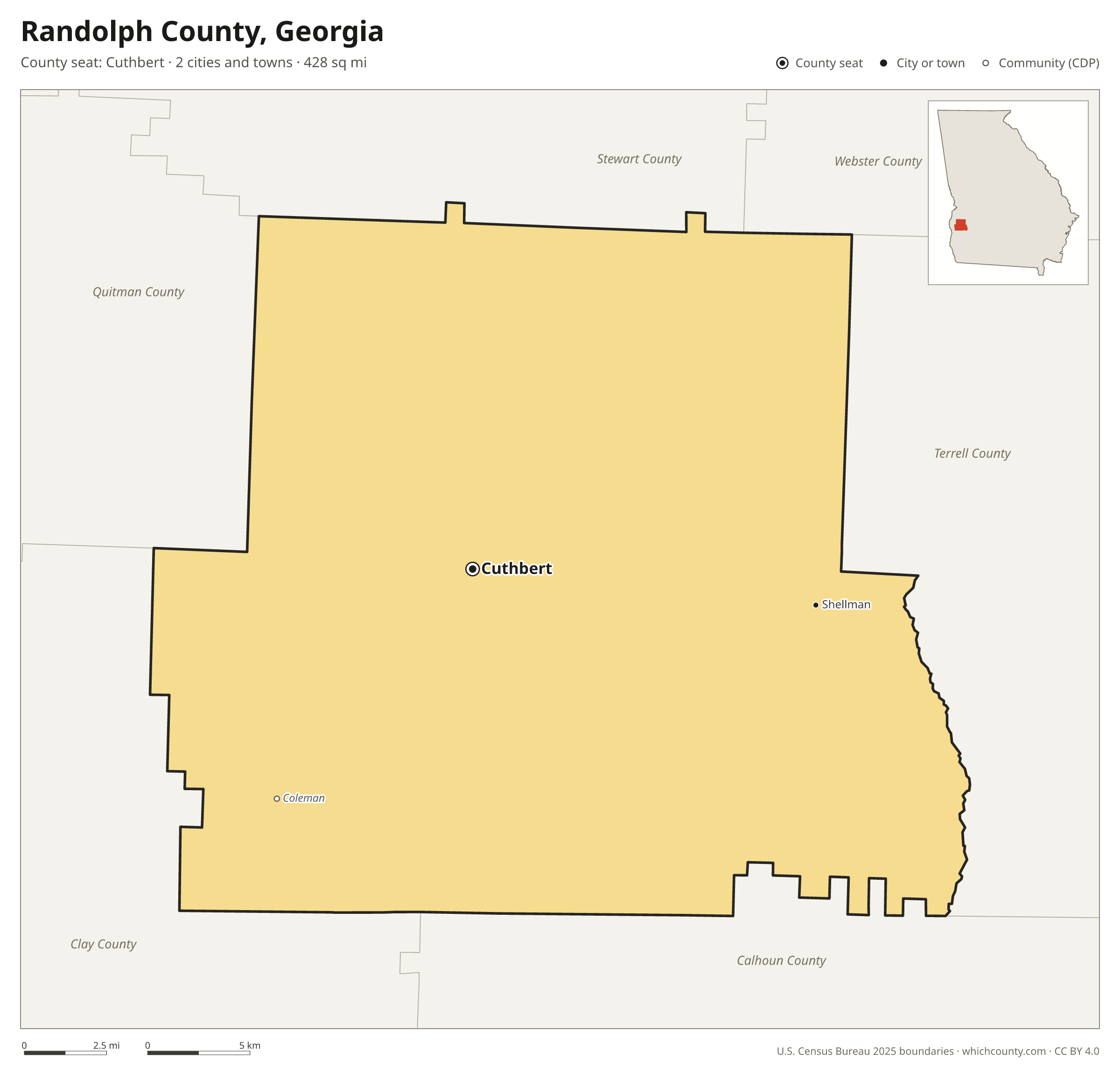 Map of Randolph County, Georgia with cities, towns and the county boundary