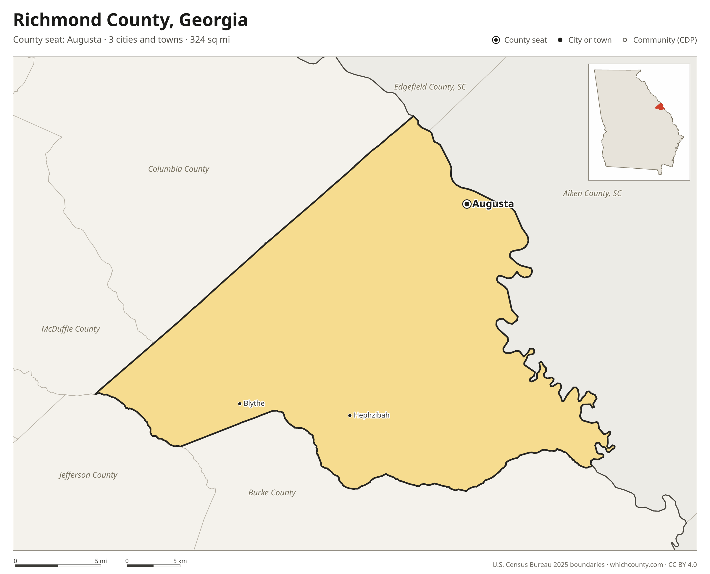 Map of Richmond County, Georgia with cities, towns and the county boundary