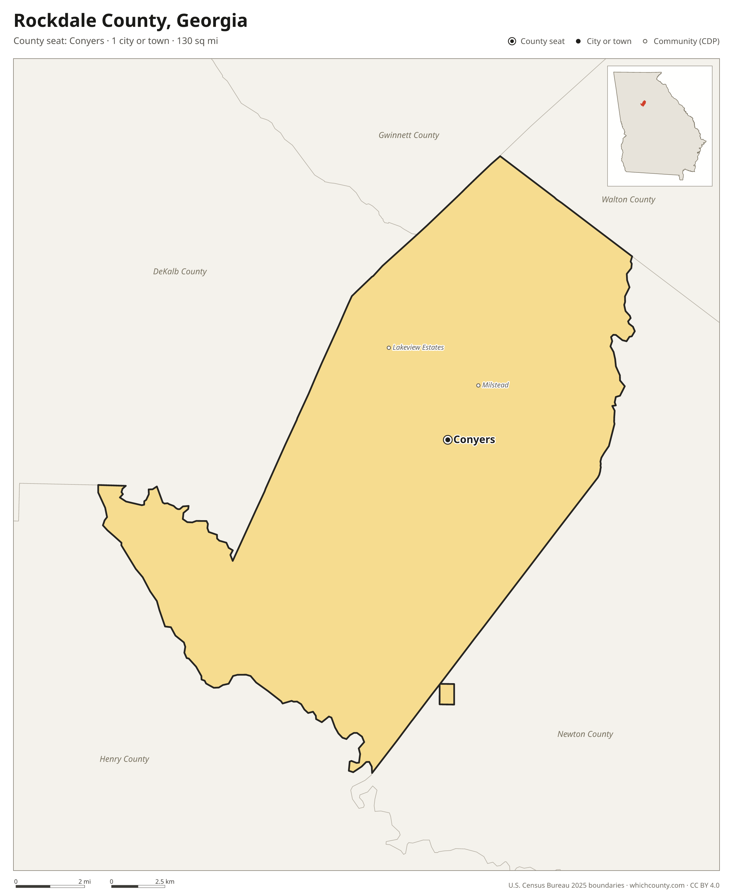 Map of Rockdale County, Georgia with cities, towns and the county boundary