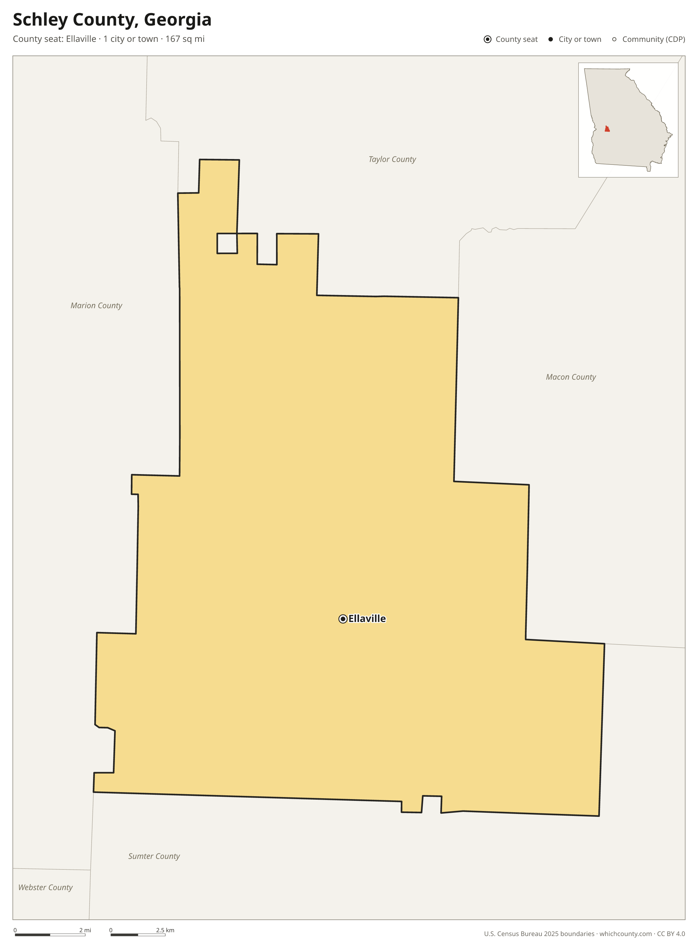Map of Schley County, Georgia with cities, towns and the county boundary