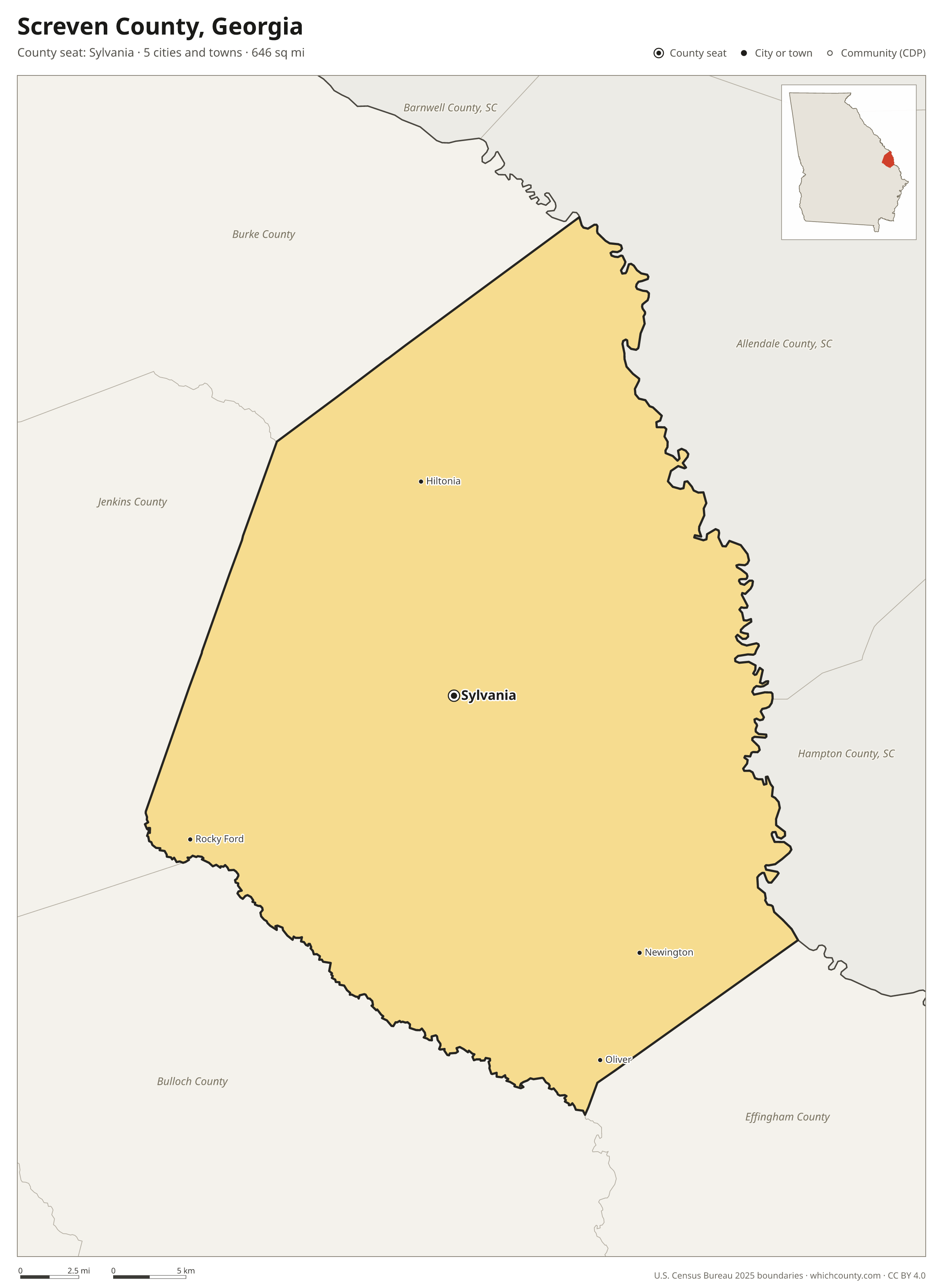 Map of Screven County, Georgia with cities, towns and the county boundary