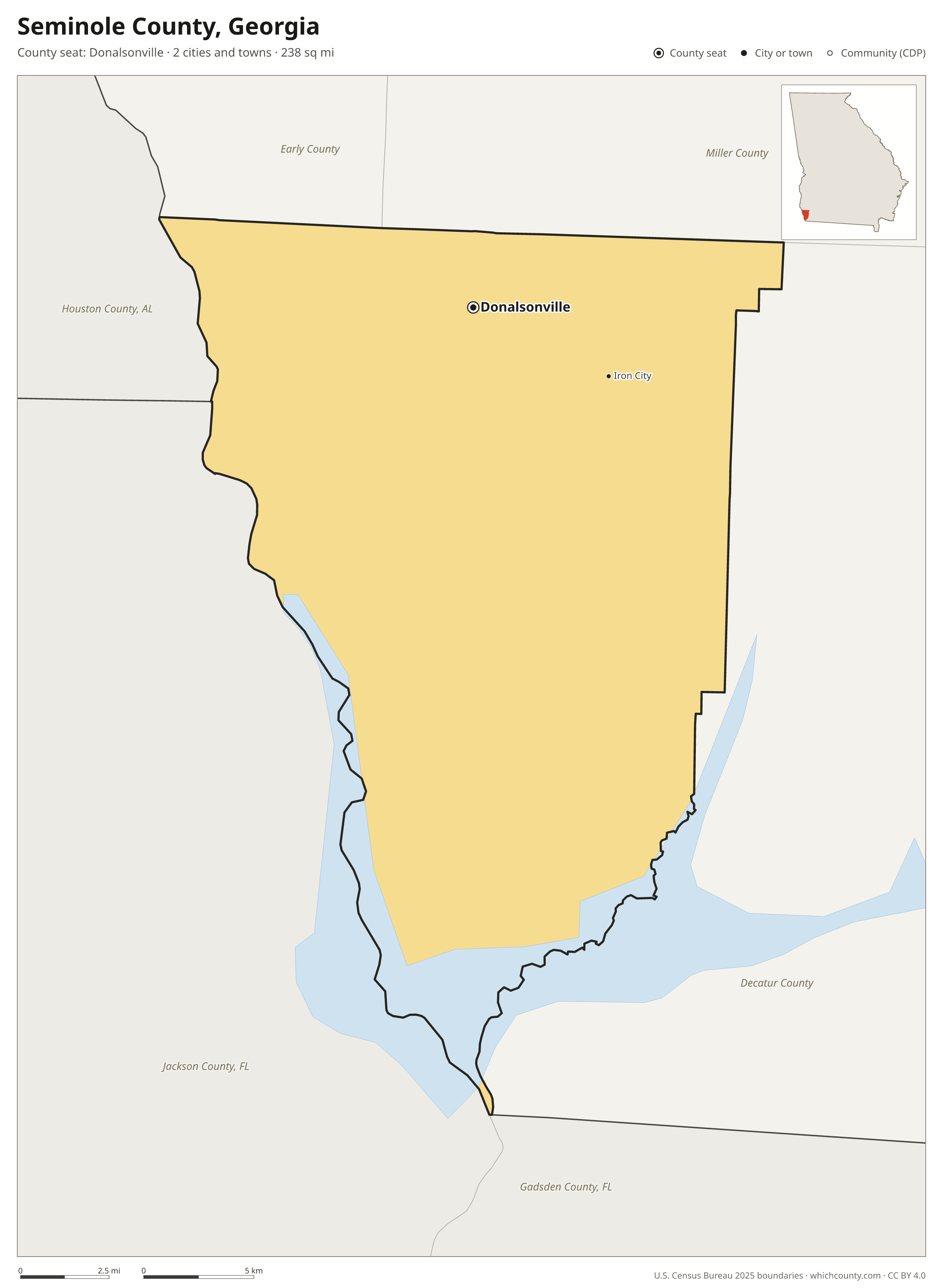 Map of Seminole County, Georgia with cities, towns and the county boundary