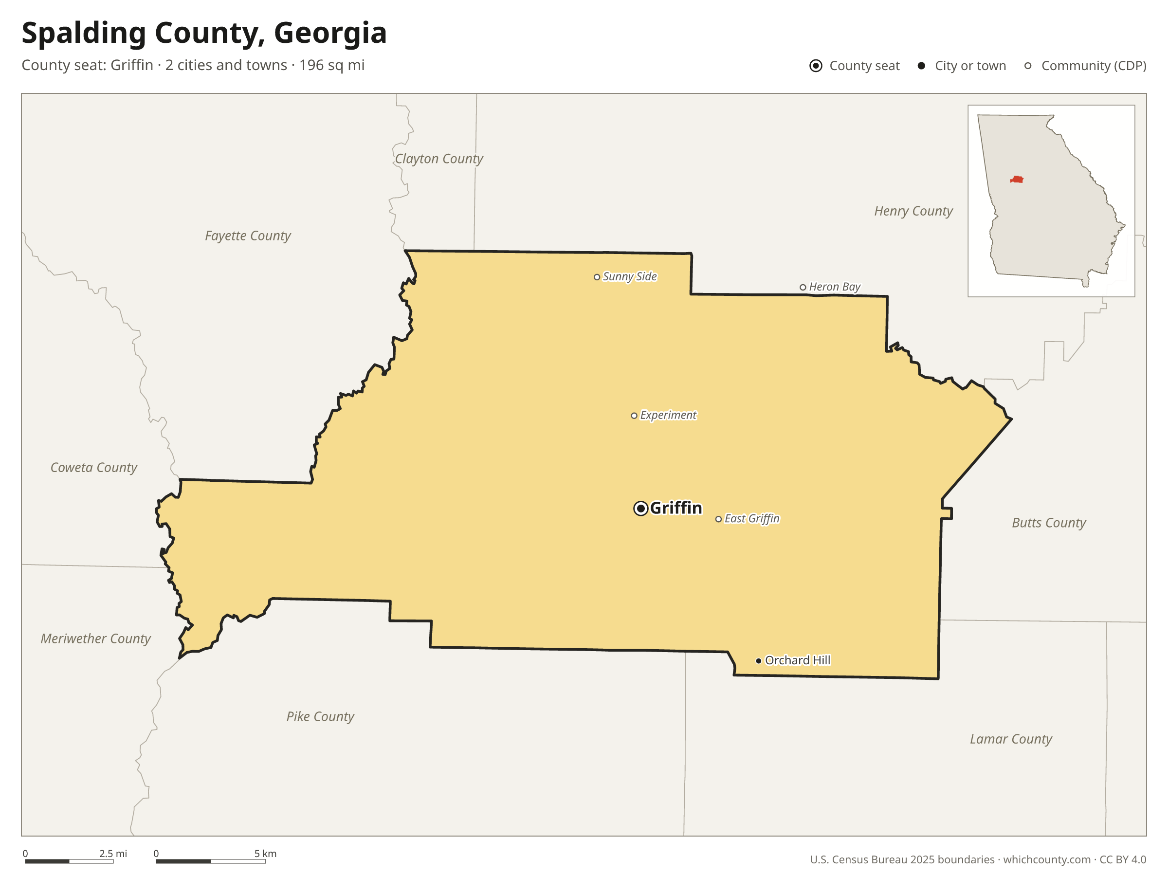 Map of Spalding County, Georgia with cities, towns and the county boundary