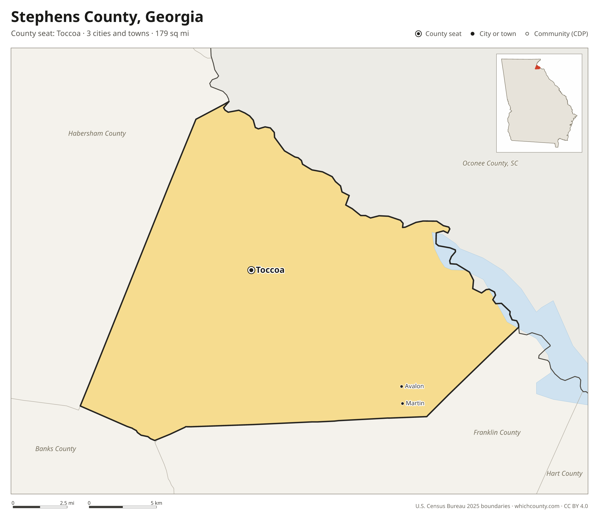 Map of Stephens County, Georgia with cities, towns and the county boundary
