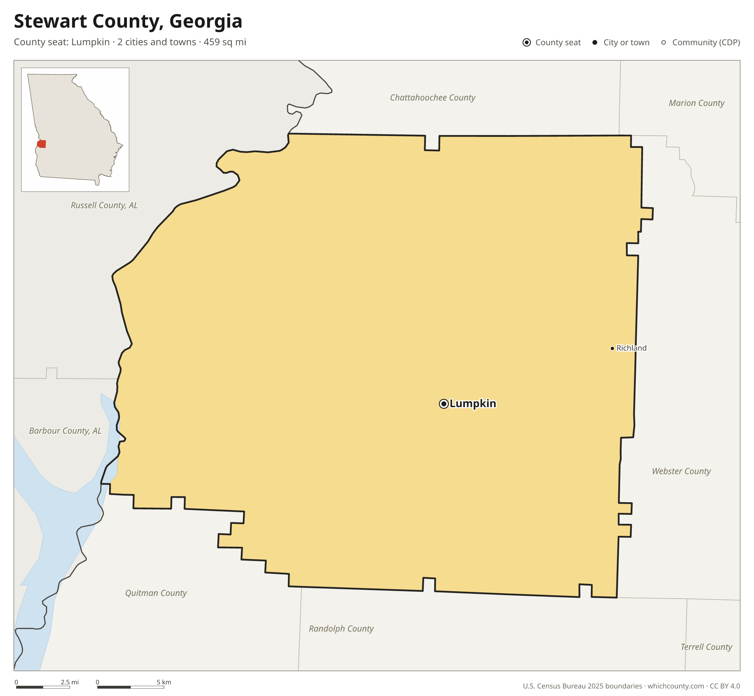 Map of Stewart County, Georgia with cities, towns and the county boundary
