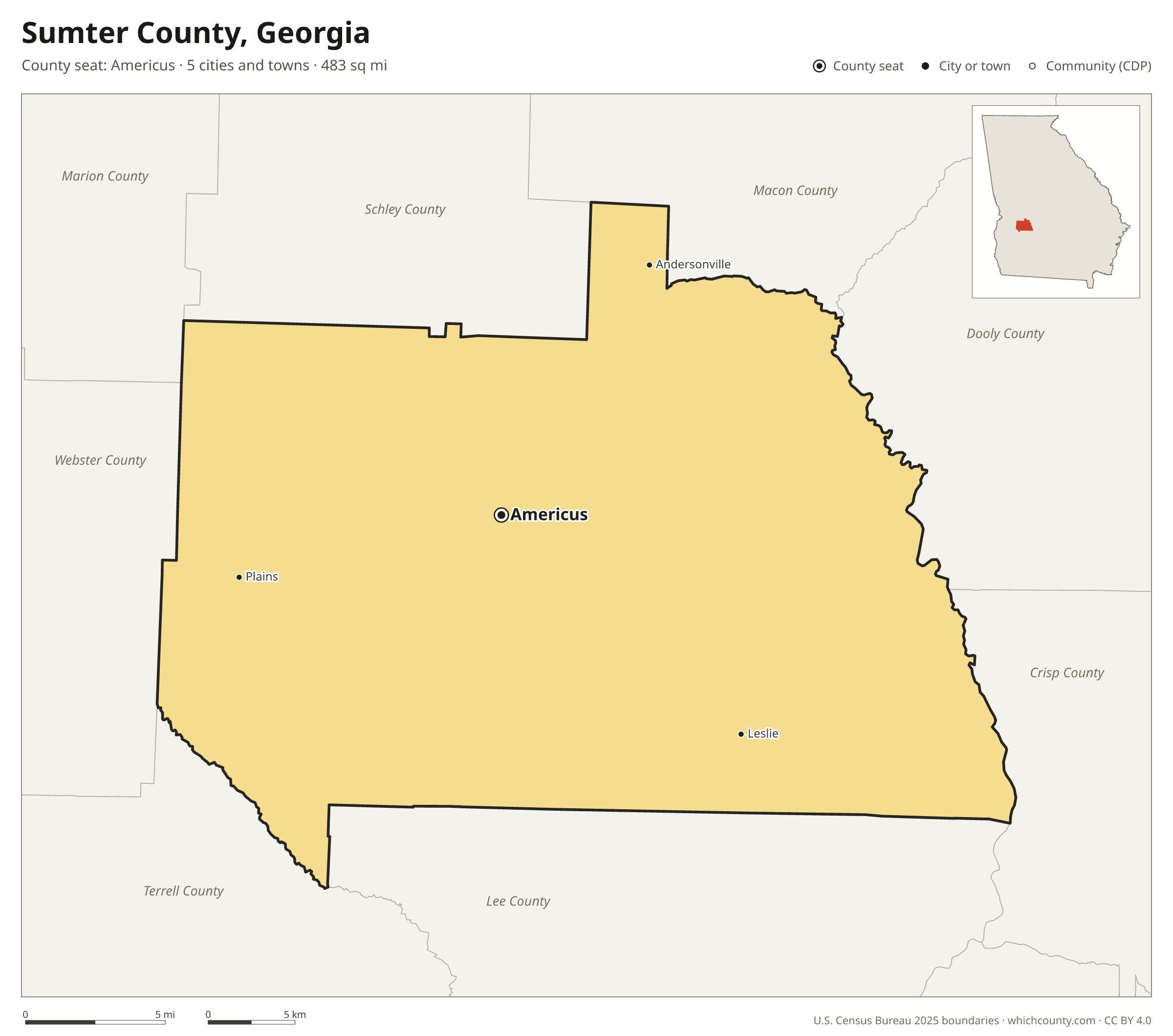 Map of Sumter County, Georgia with cities, towns and the county boundary
