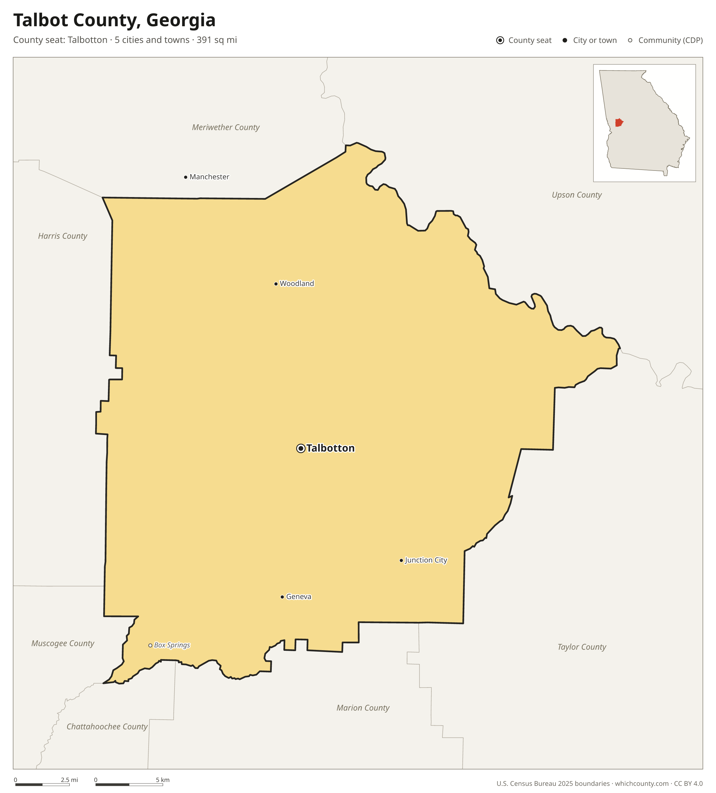 Map of Talbot County, Georgia with cities, towns and the county boundary