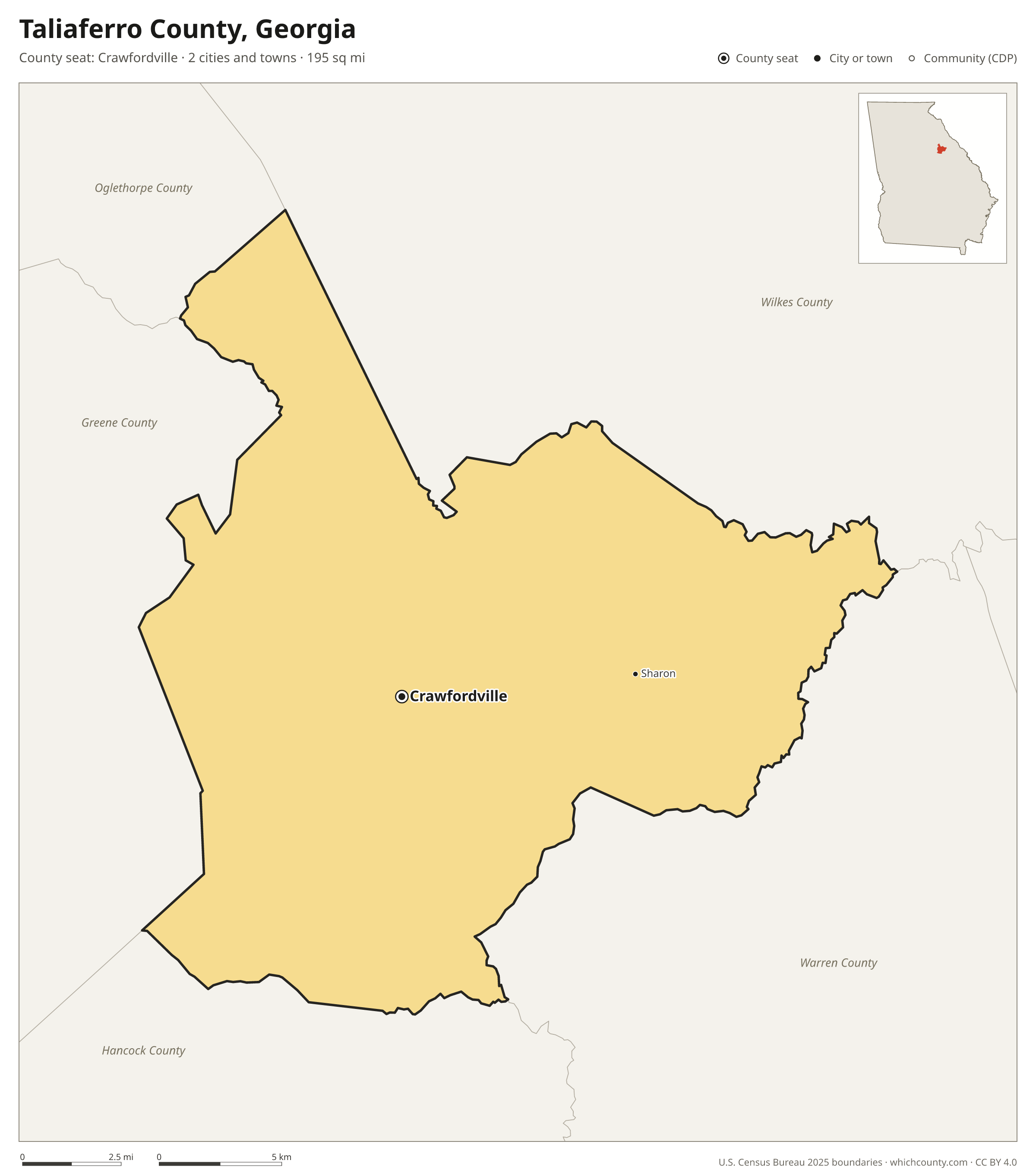 Map of Taliaferro County, Georgia with cities, towns and the county boundary