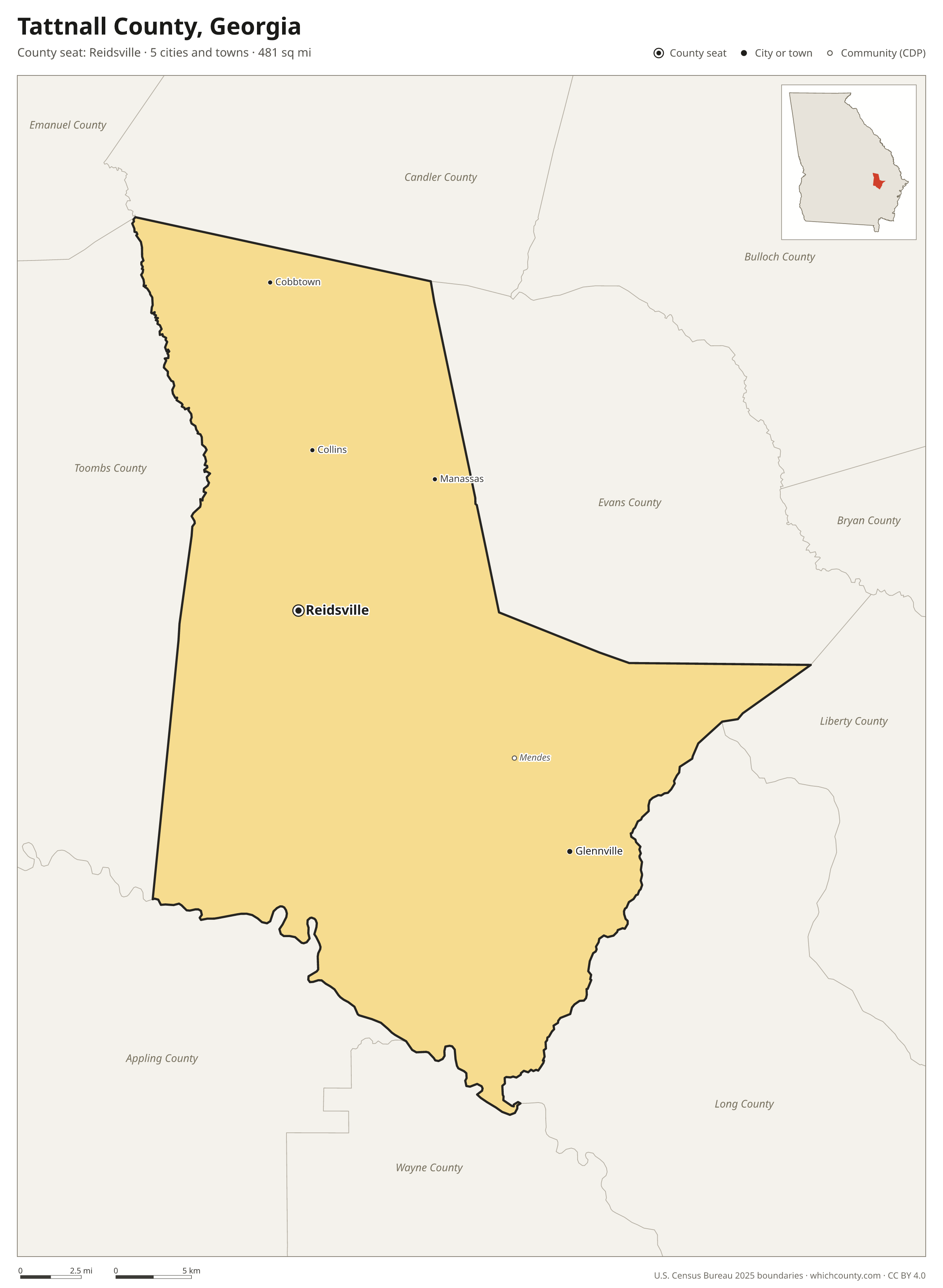 Map of Tattnall County, Georgia with cities, towns and the county boundary