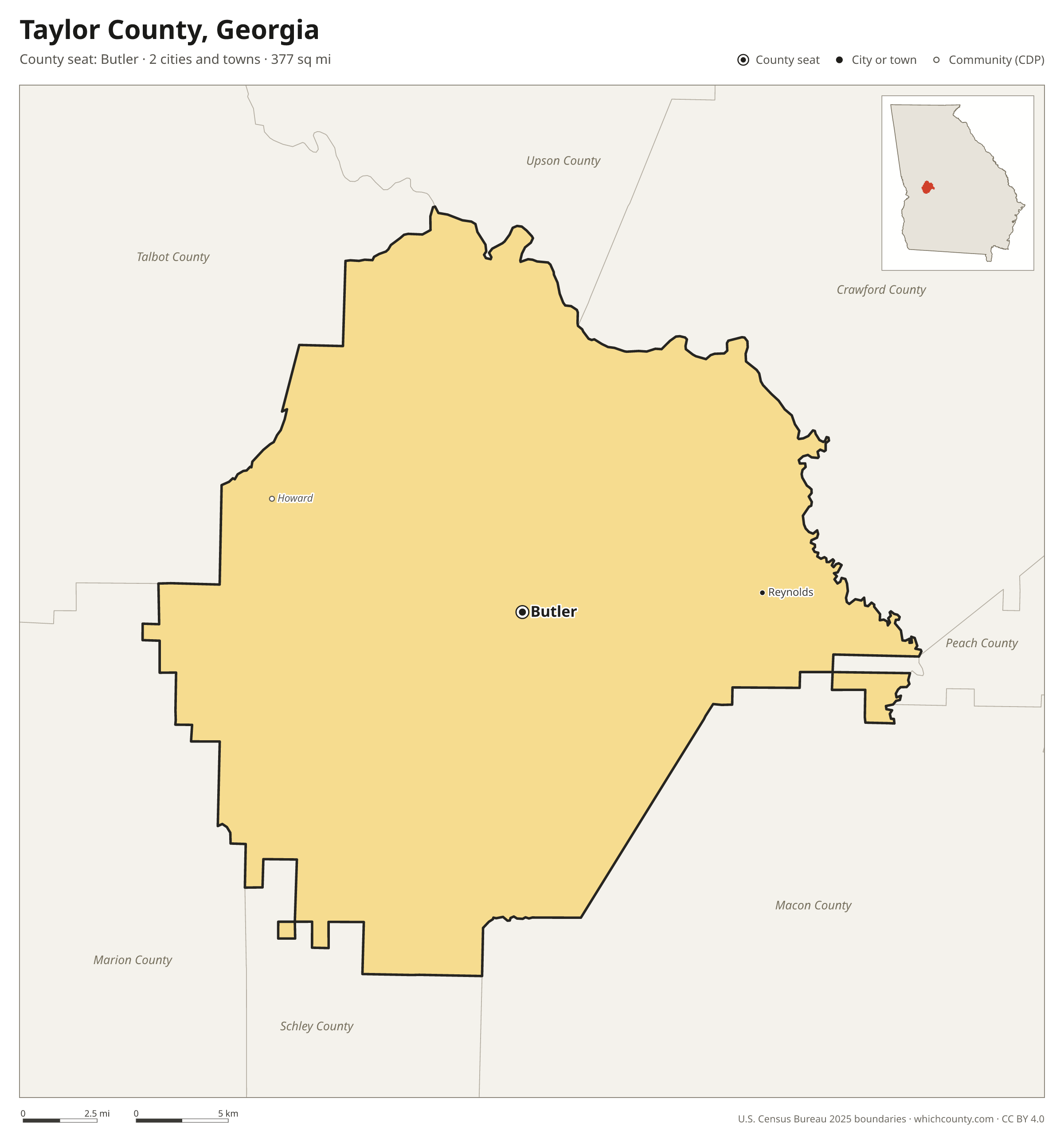 Map of Taylor County, Georgia with cities, towns and the county boundary