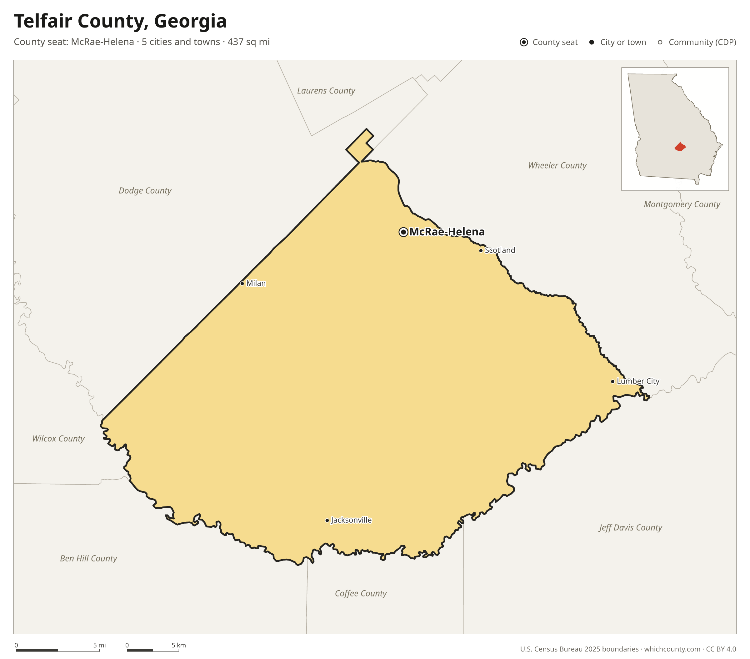 Map of Telfair County, Georgia with cities, towns and the county boundary