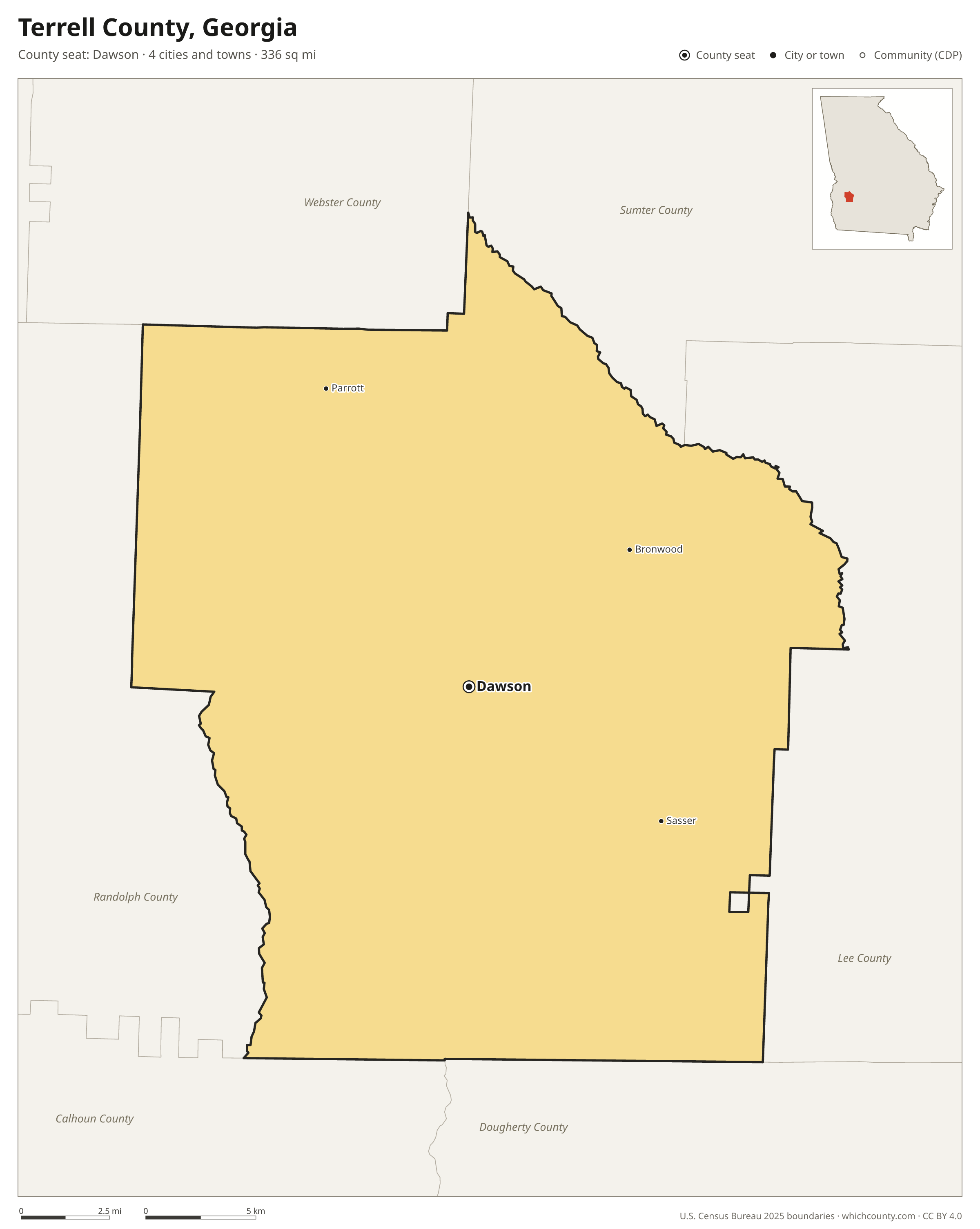 Map of Terrell County, Georgia with cities, towns and the county boundary