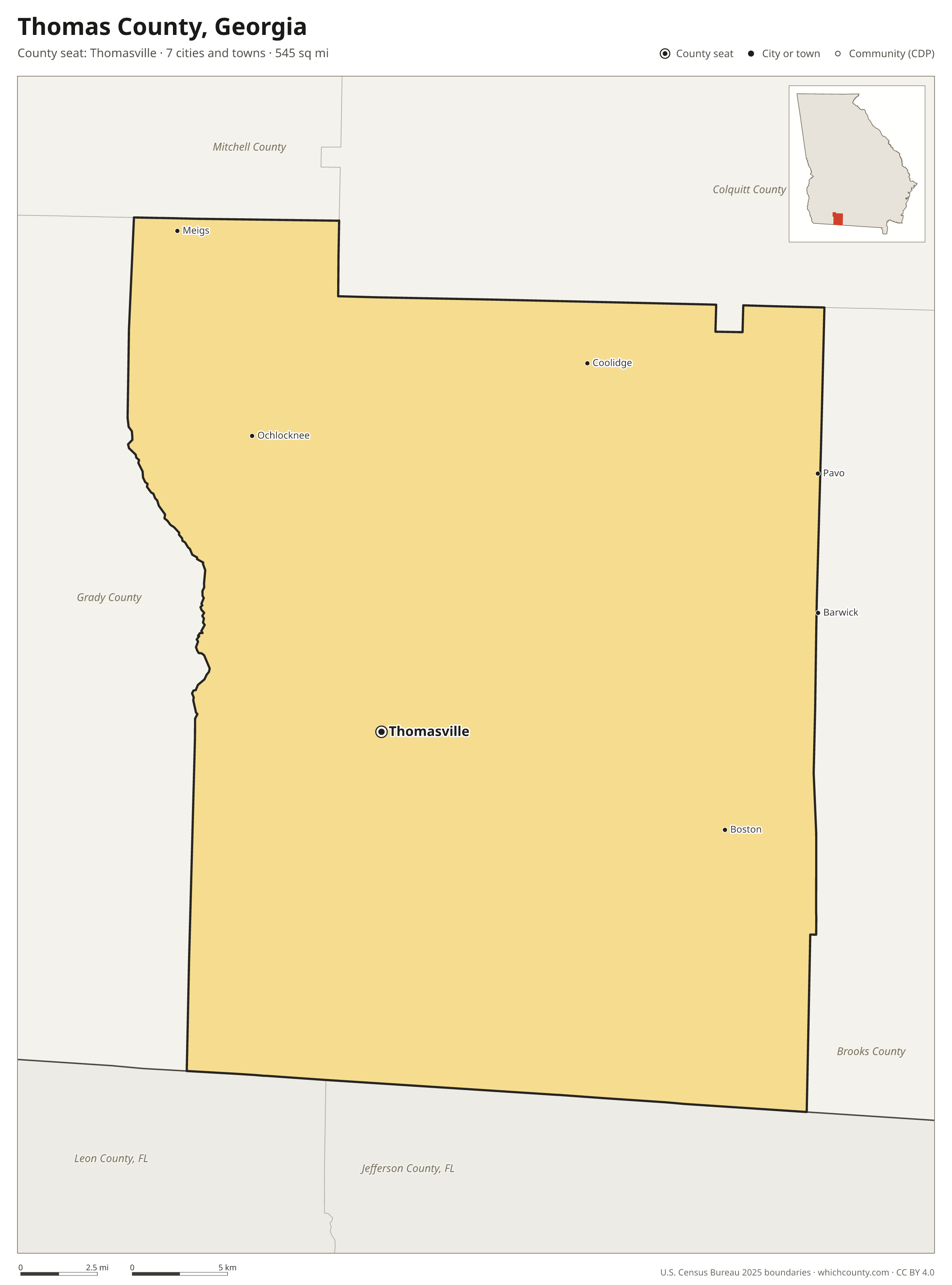 Map of Thomas County, Georgia with cities, towns and the county boundary