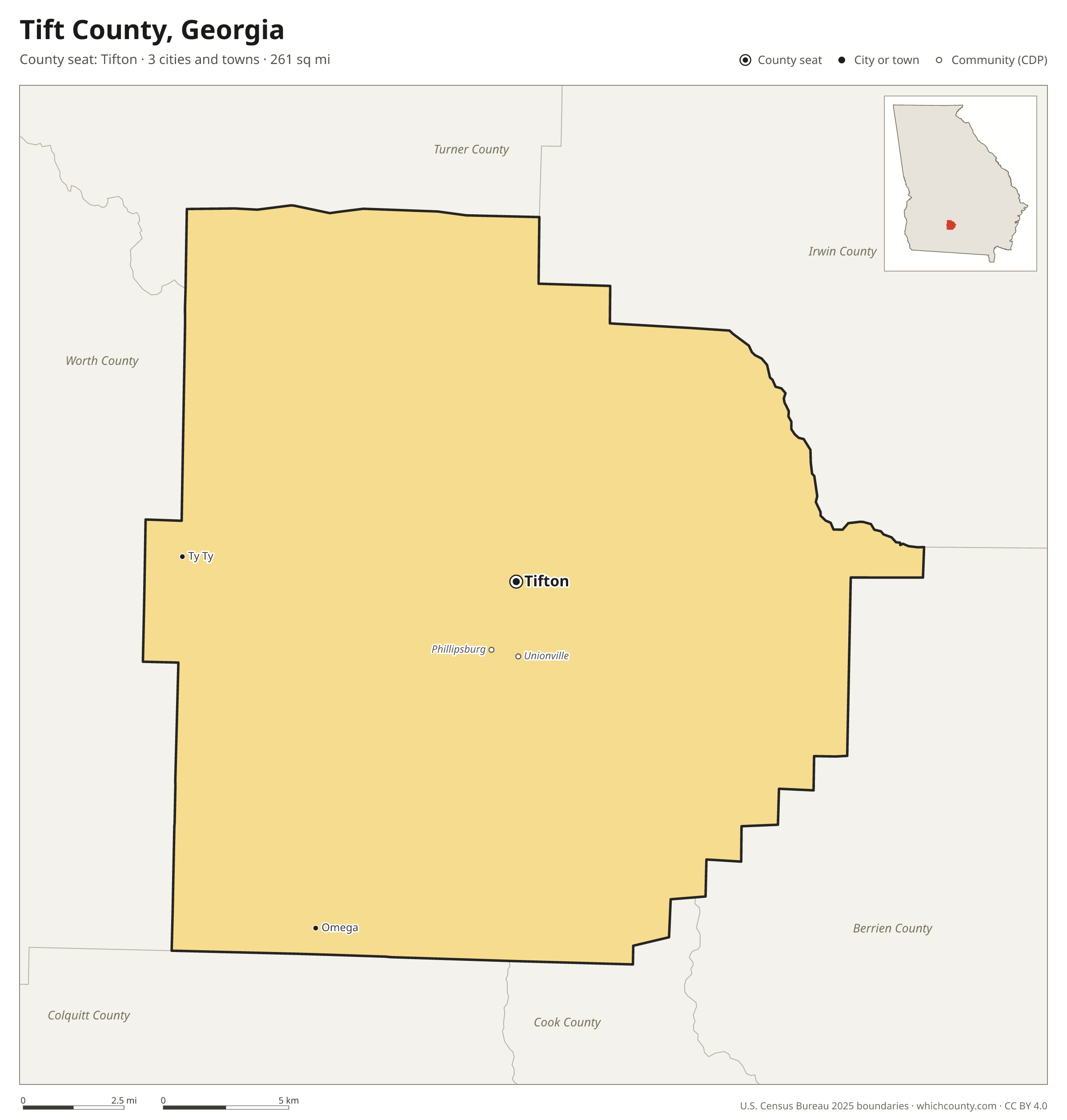 Map of Tift County, Georgia with cities, towns and the county boundary