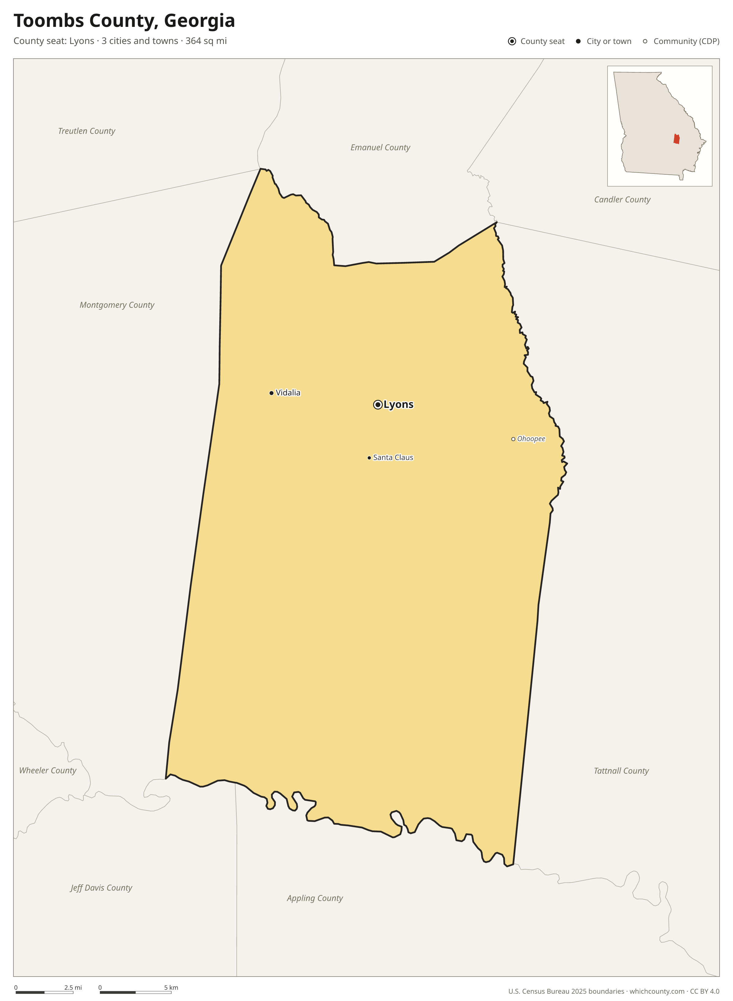 Map of Toombs County, Georgia with cities, towns and the county boundary