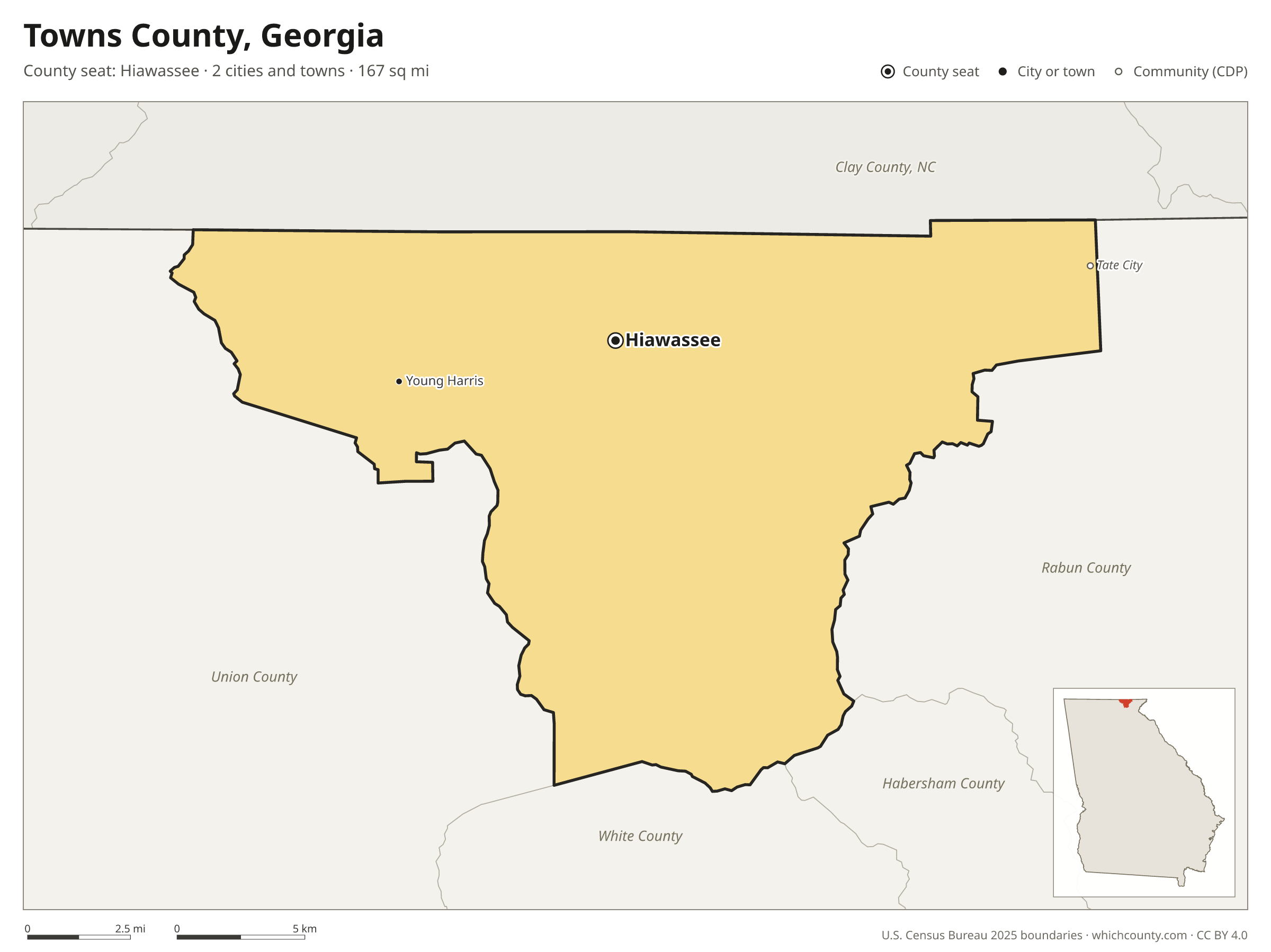 Map of Towns County, Georgia with cities, towns and the county boundary