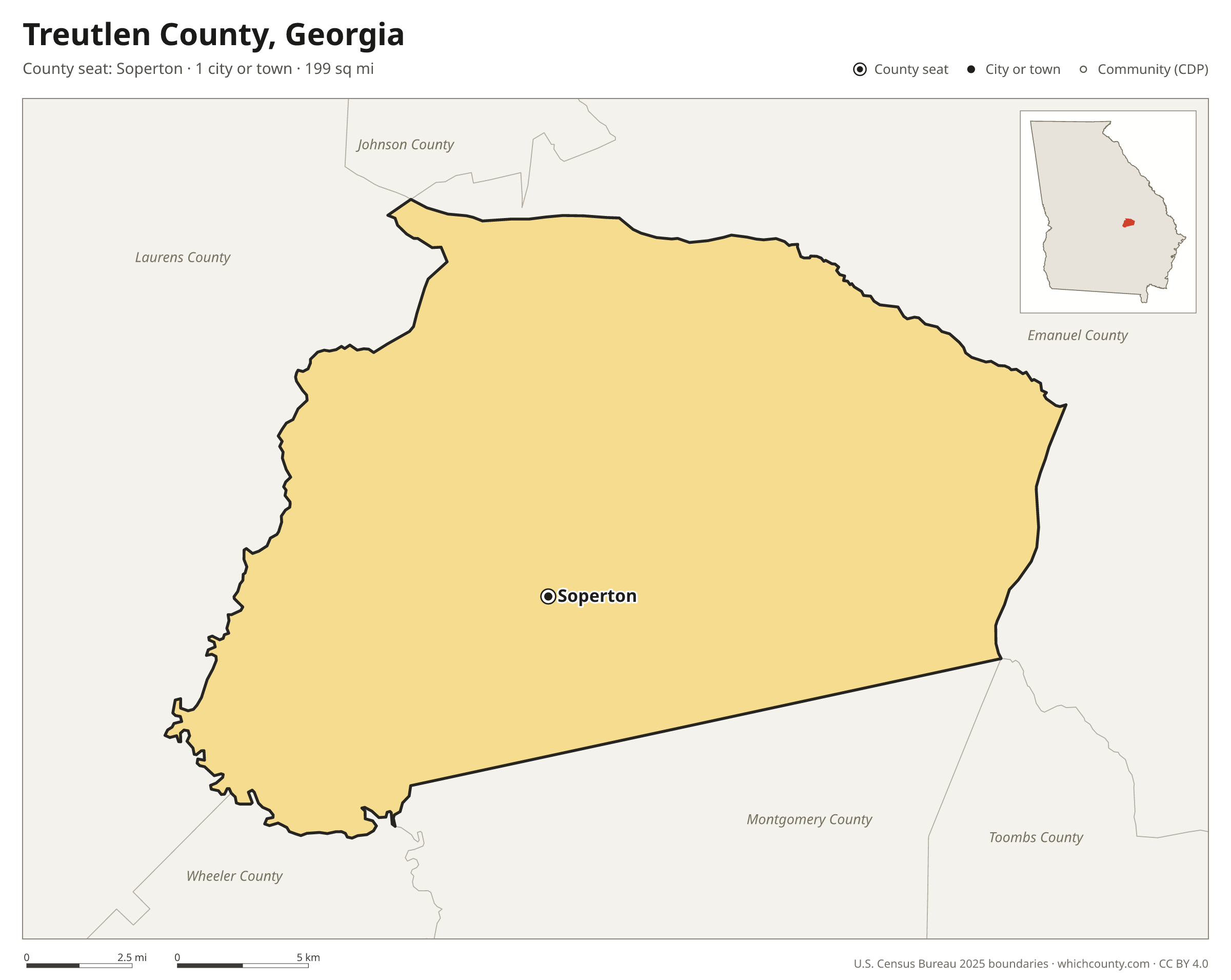 Map of Treutlen County, Georgia with cities, towns and the county boundary