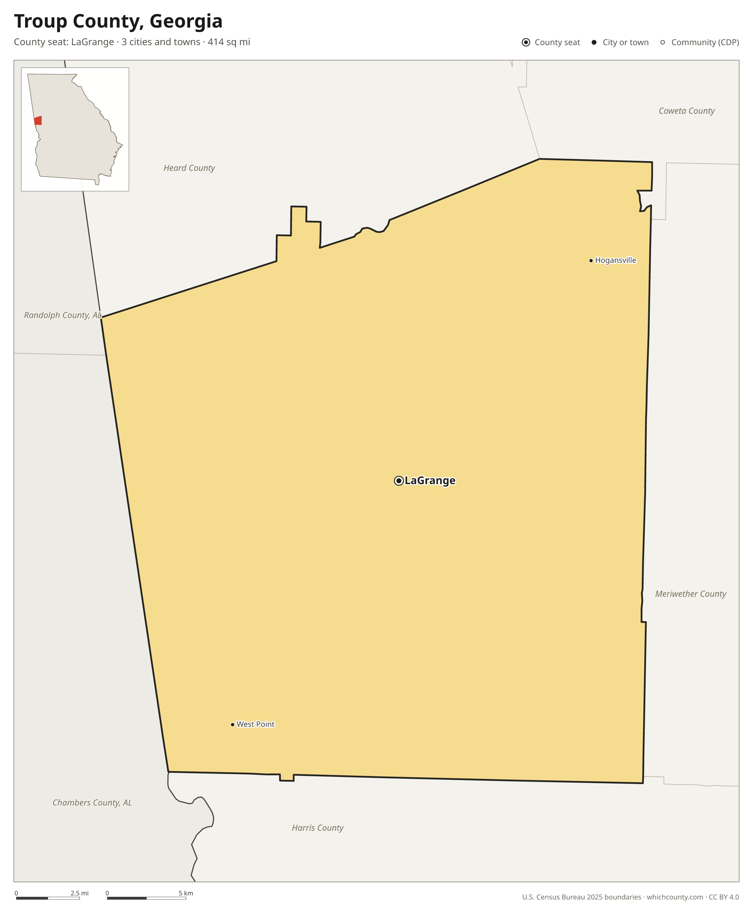 Map of Troup County, Georgia with cities, towns and the county boundary