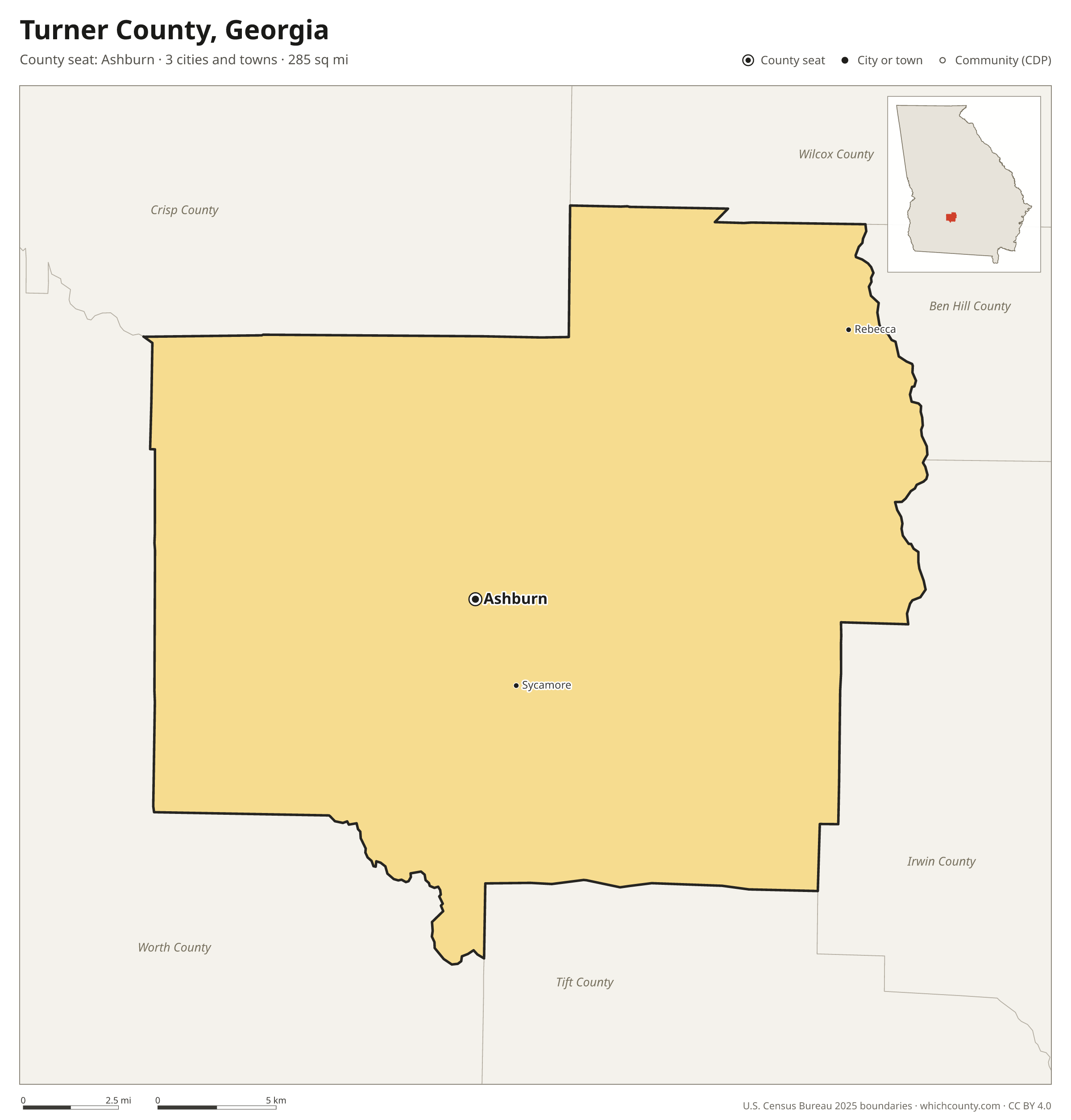 Map of Turner County, Georgia with cities, towns and the county boundary