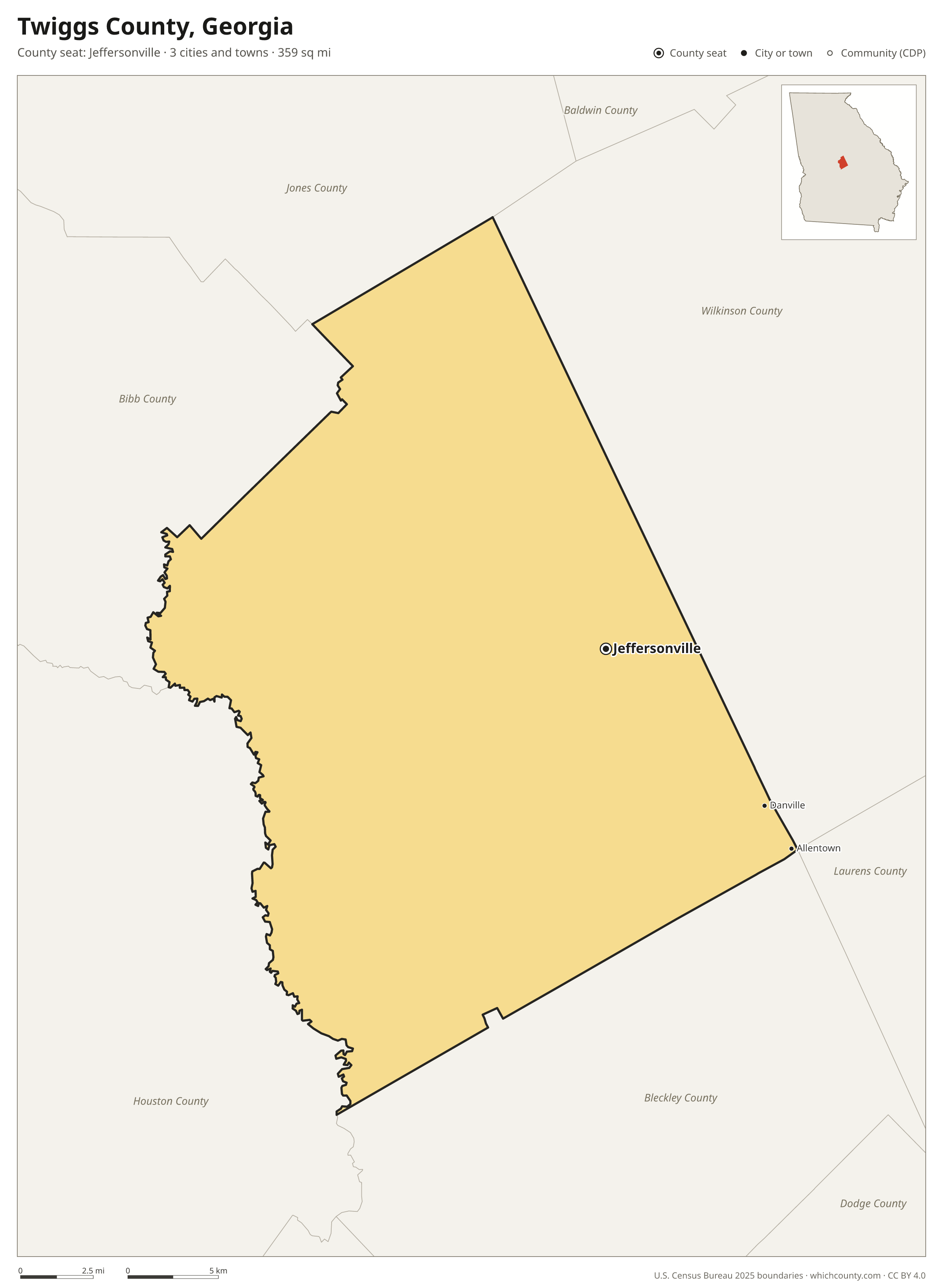 Map of Twiggs County, Georgia with cities, towns and the county boundary