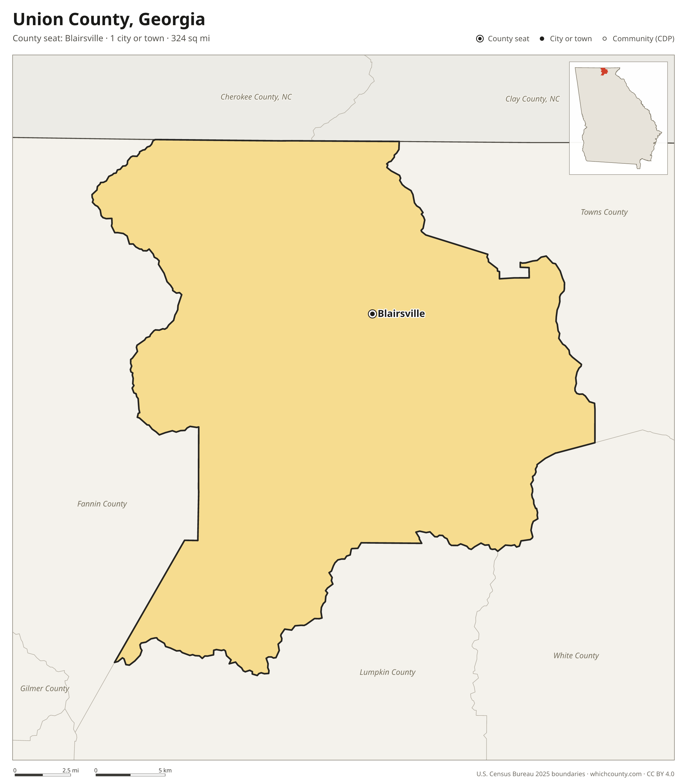 Map of Union County, Georgia with cities, towns and the county boundary