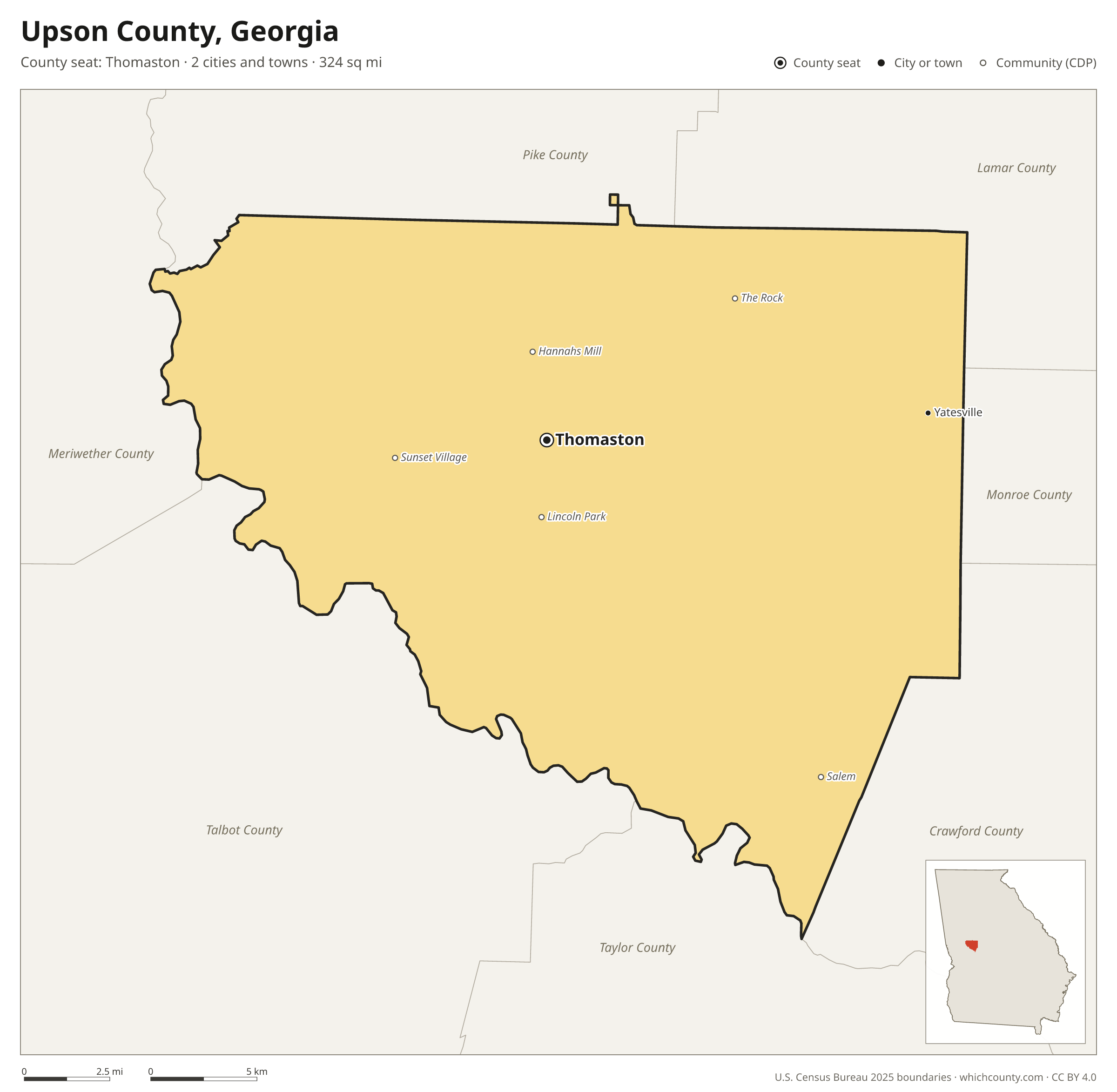Map of Upson County, Georgia with cities, towns and the county boundary