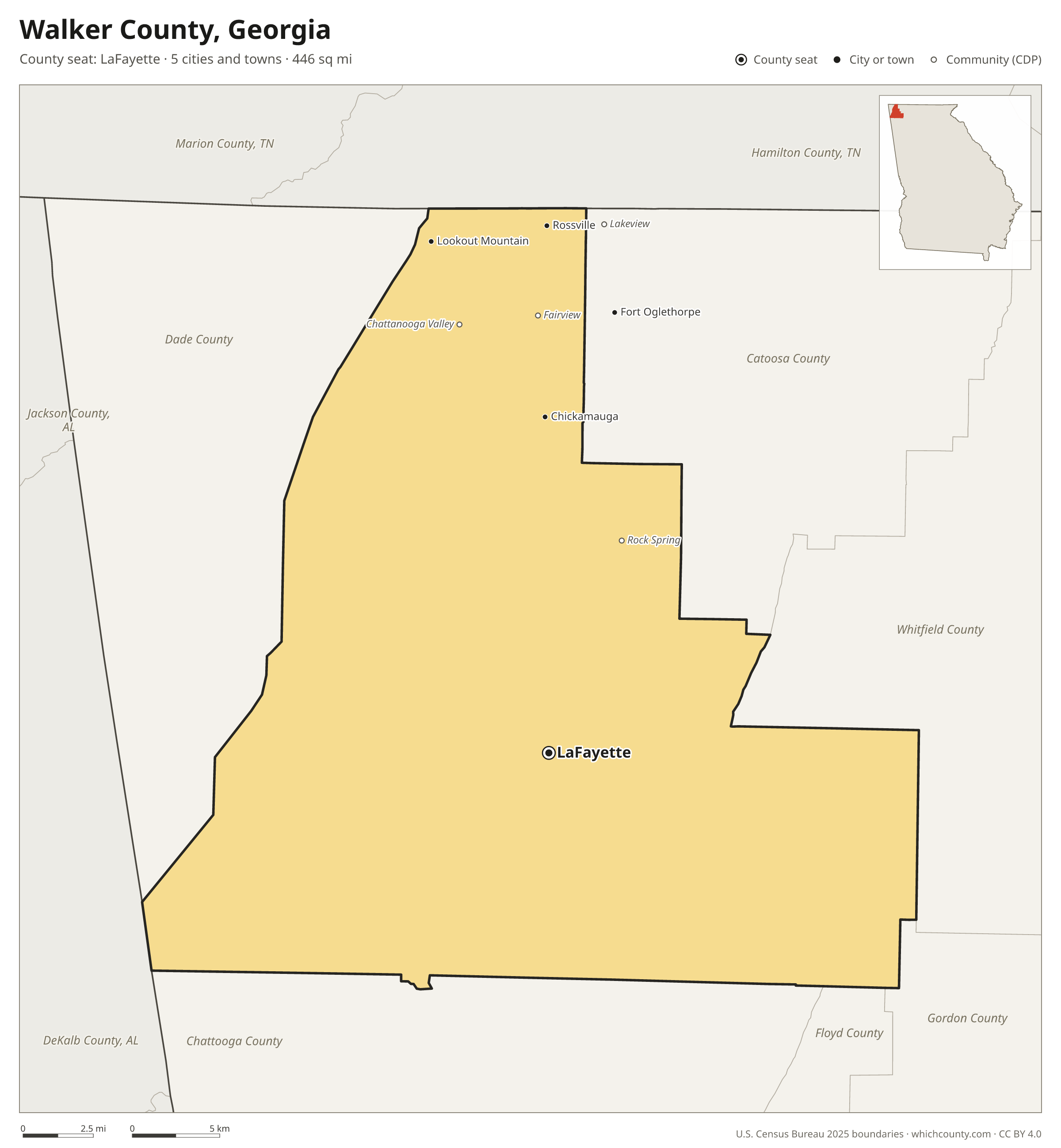 Map of Walker County, Georgia with cities, towns and the county boundary