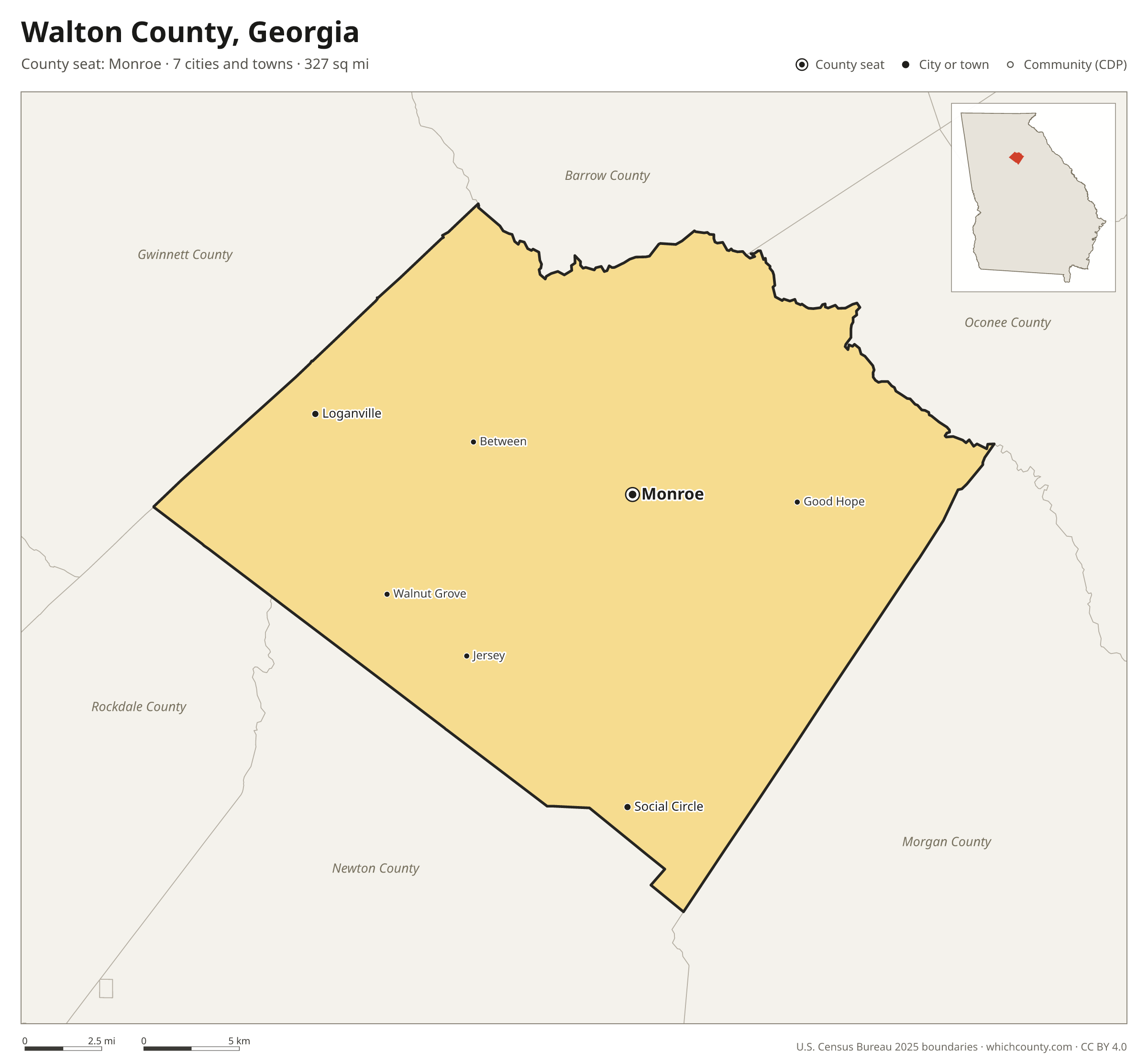 Map of Walton County, Georgia with cities, towns and the county boundary