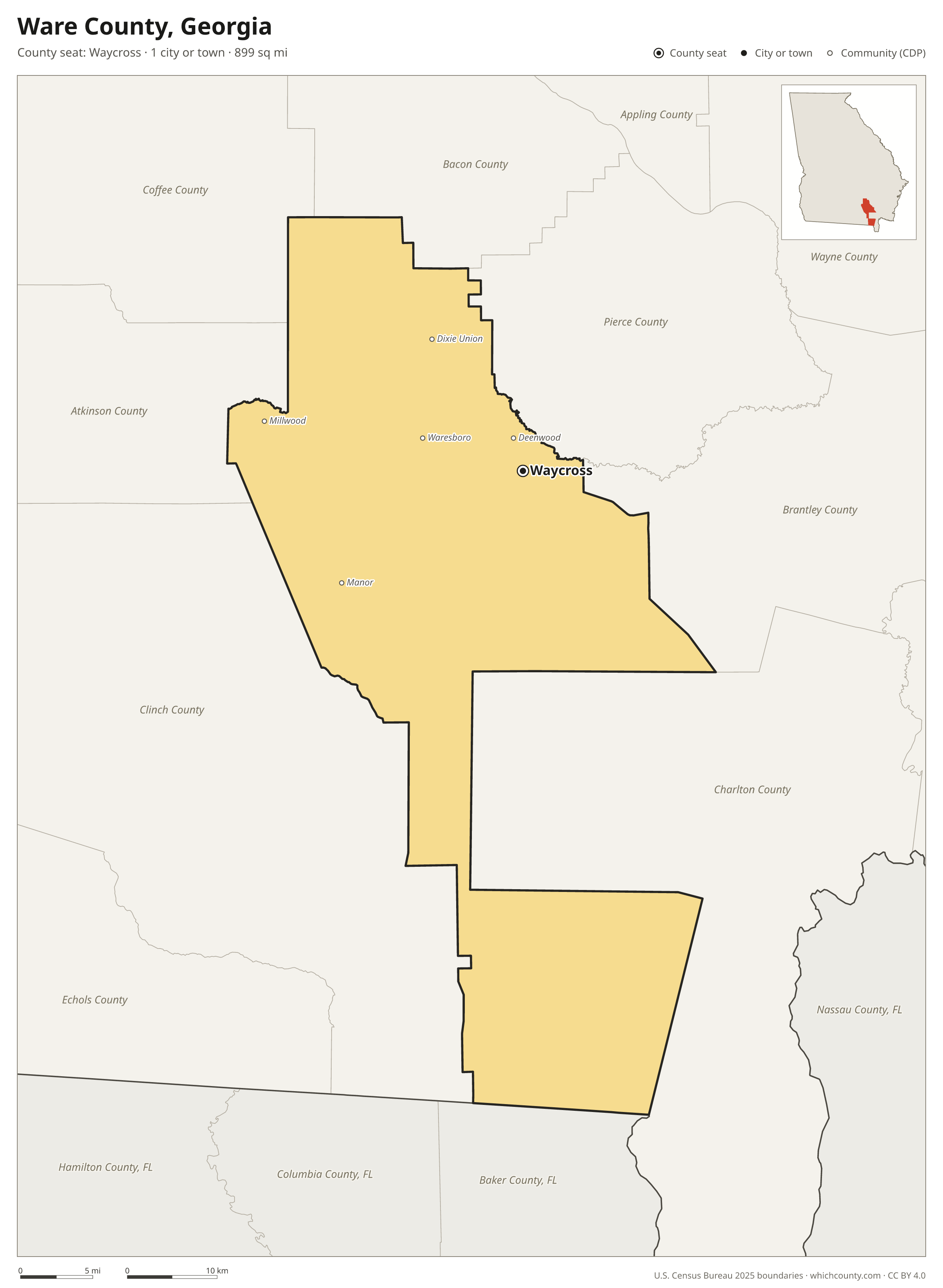 Map of Ware County, Georgia with cities, towns and the county boundary