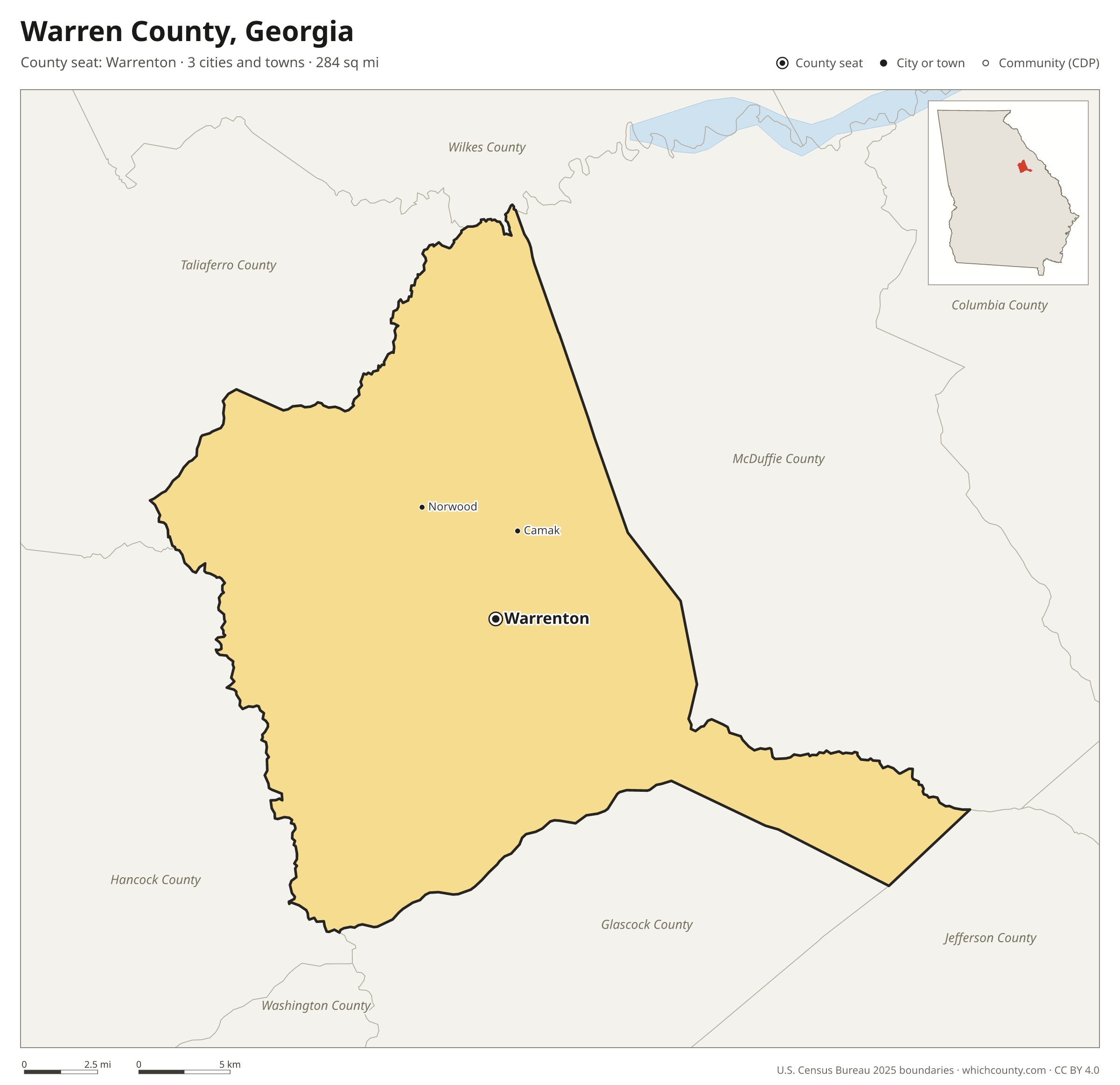 Map of Warren County, Georgia with cities, towns and the county boundary